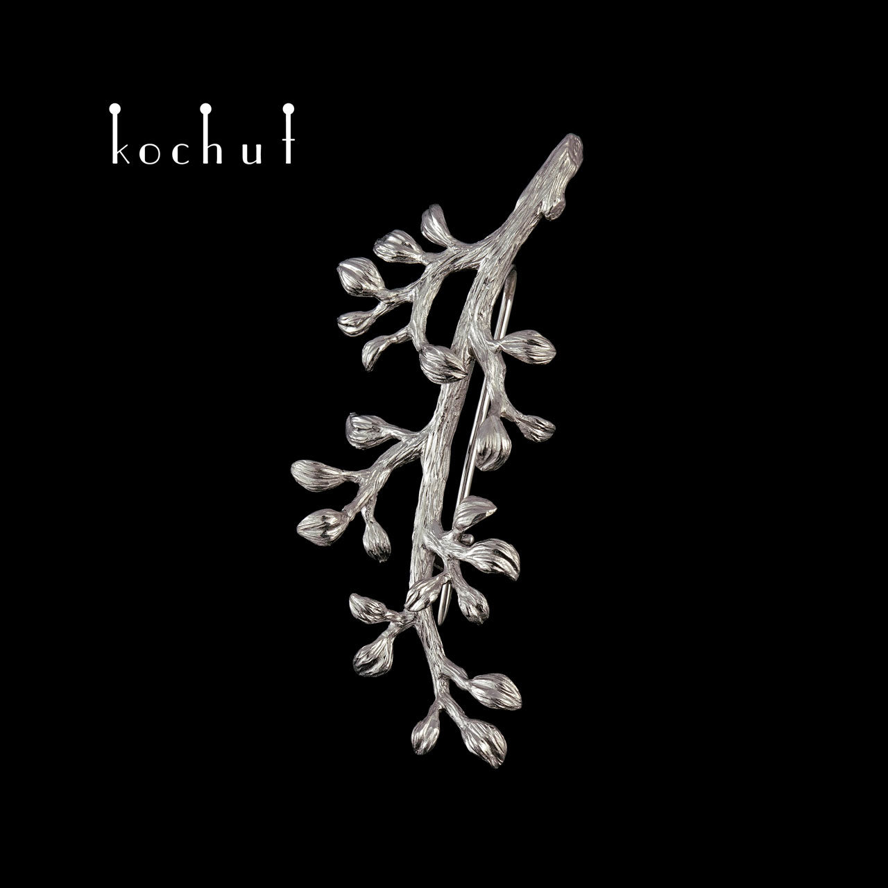 Zweig — silberne Brosche mit Weißrhodium-Beschichtung