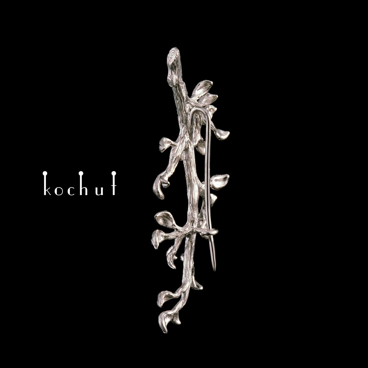 Zweig — silberne Brosche mit Weißrhodium-Beschichtung