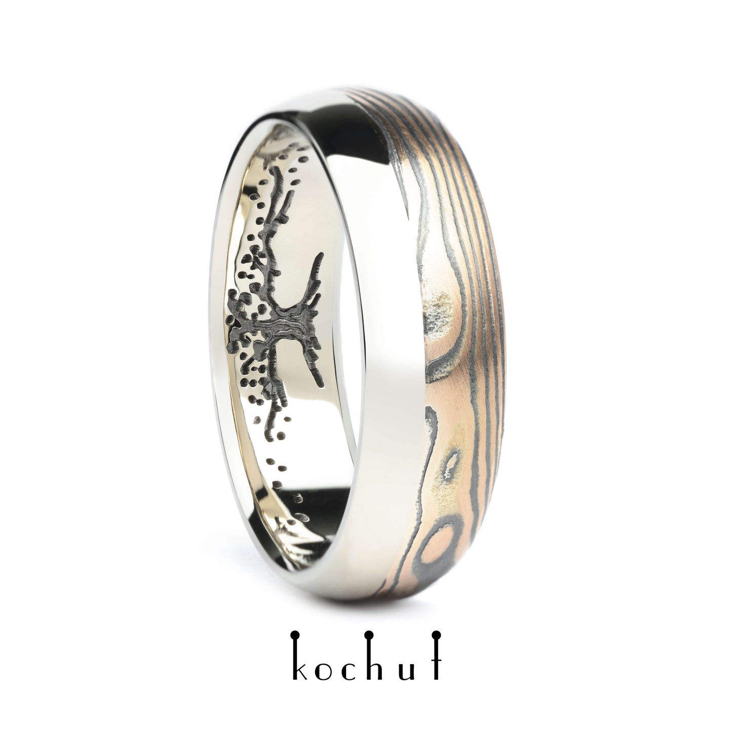 Bonsai — Mokume-Ehering aus Rotgold, Weißgold sowie graviertem und oxidiertem Silber, plattiert mit schwarzem Rhodium