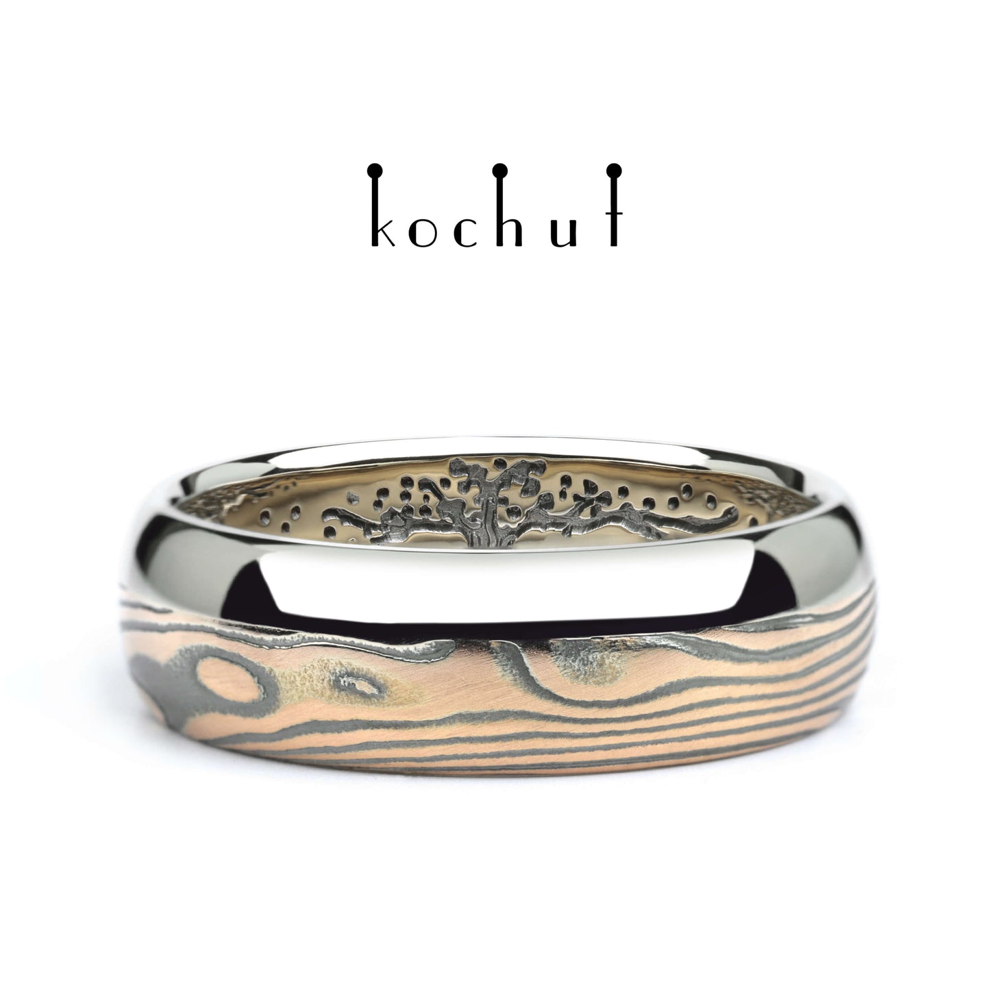 Bonsai — Mokume-Ehering aus Rotgold, Weißgold sowie graviertem und oxidiertem Silber, plattiert mit schwarzem Rhodium