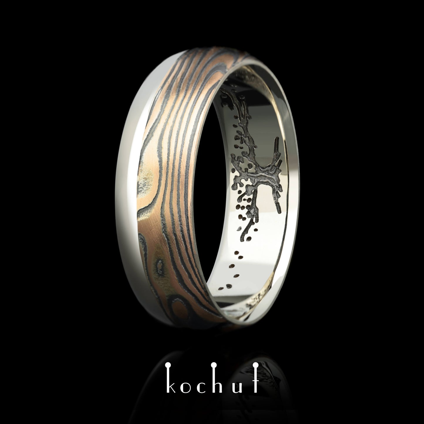 Bonsai — Mokume-Ehering aus Rotgold, Weißgold sowie graviertem und oxidiertem Silber, plattiert mit schwarzem Rhodium