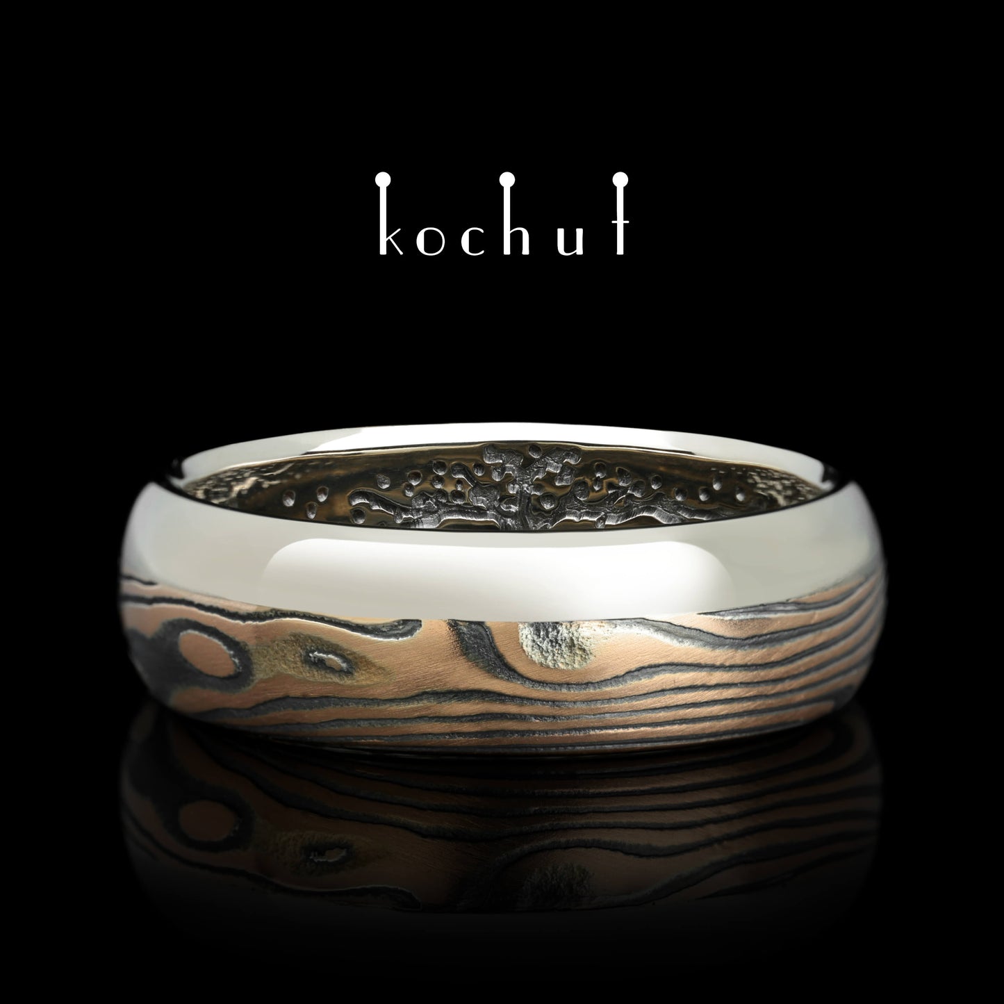Bonsai — Mokume-Ehering aus Rotgold, Weißgold sowie graviertem und oxidiertem Silber, plattiert mit schwarzem Rhodium