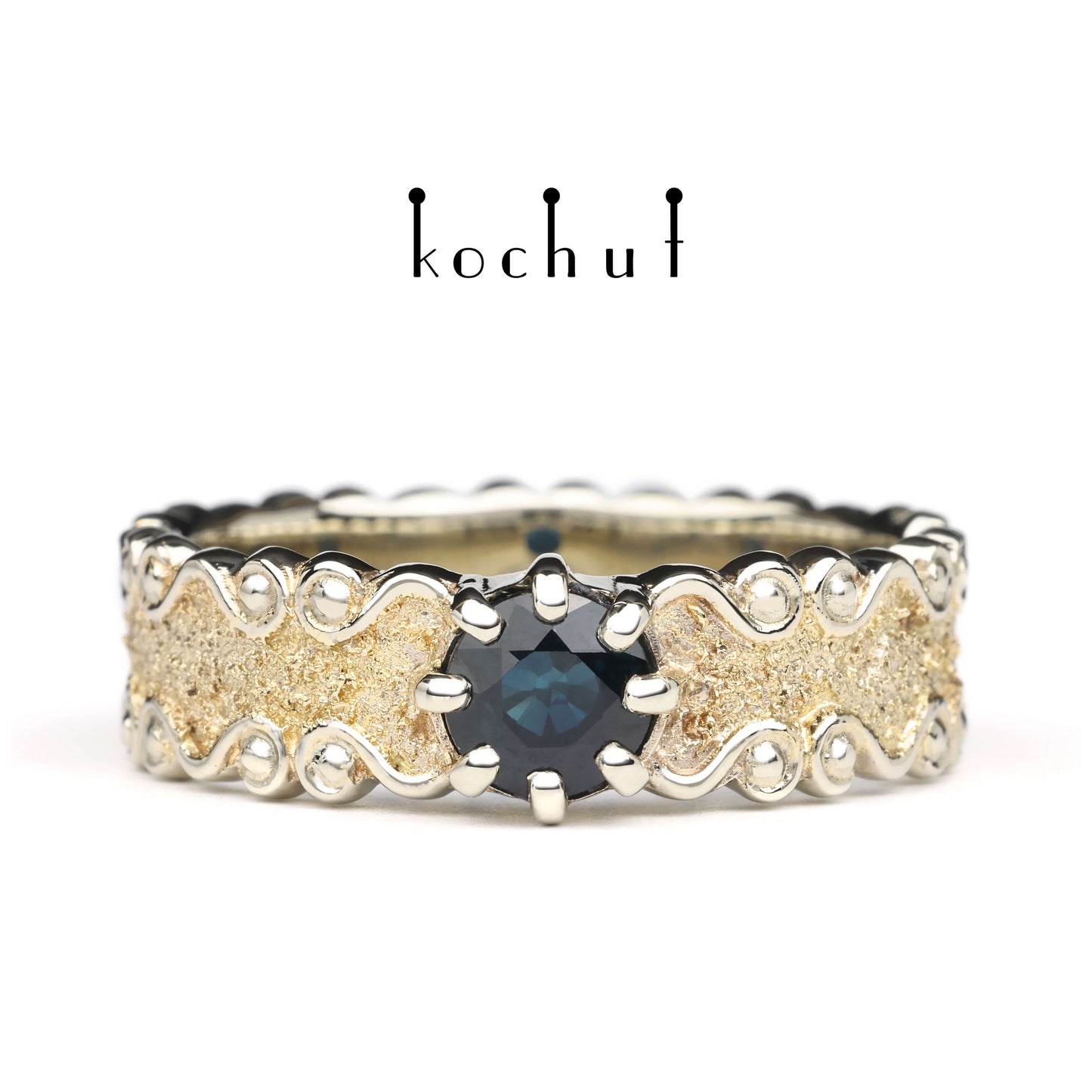 Marquise — Ring aus Weißgold mit Gelbgoldbeschichtung und Saphir