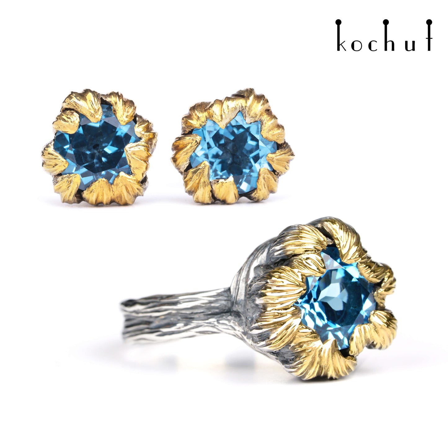 Pfingstrosen — Set aus oxidiertem Silber mit Topasen und Vergoldung