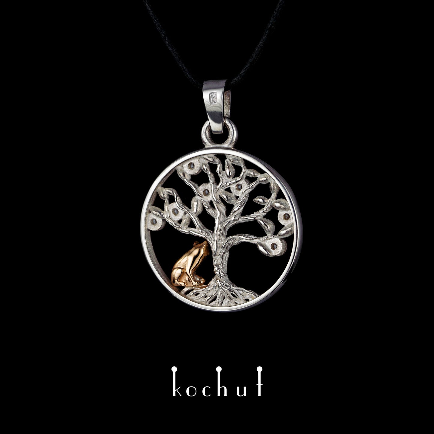 Baum des Lebens mit einem Fuchs — Anhänger aus Silber und Rotgold mit Diamanten