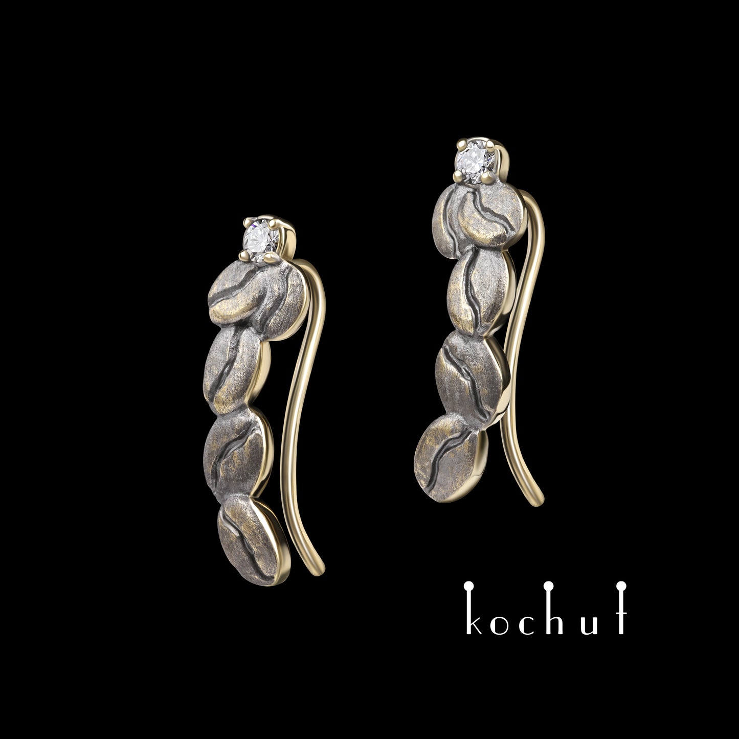 Kaffeebohne — Ohrring-Cuffs aus Gelbgold mit Diamanten, überzogen mit schwarzem Rhodium