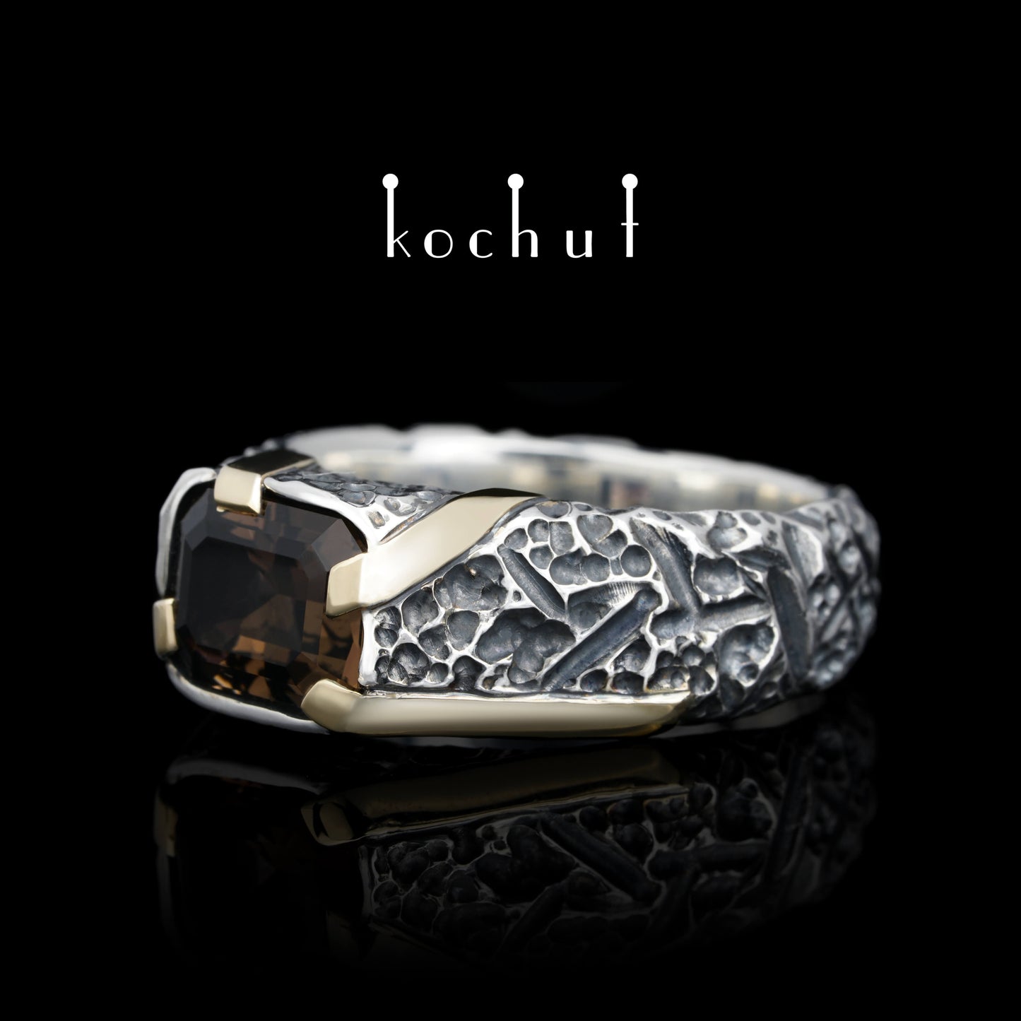 Overlord — Ring aus oxidiertem Silber und Gelbgold mit Rauchquarz