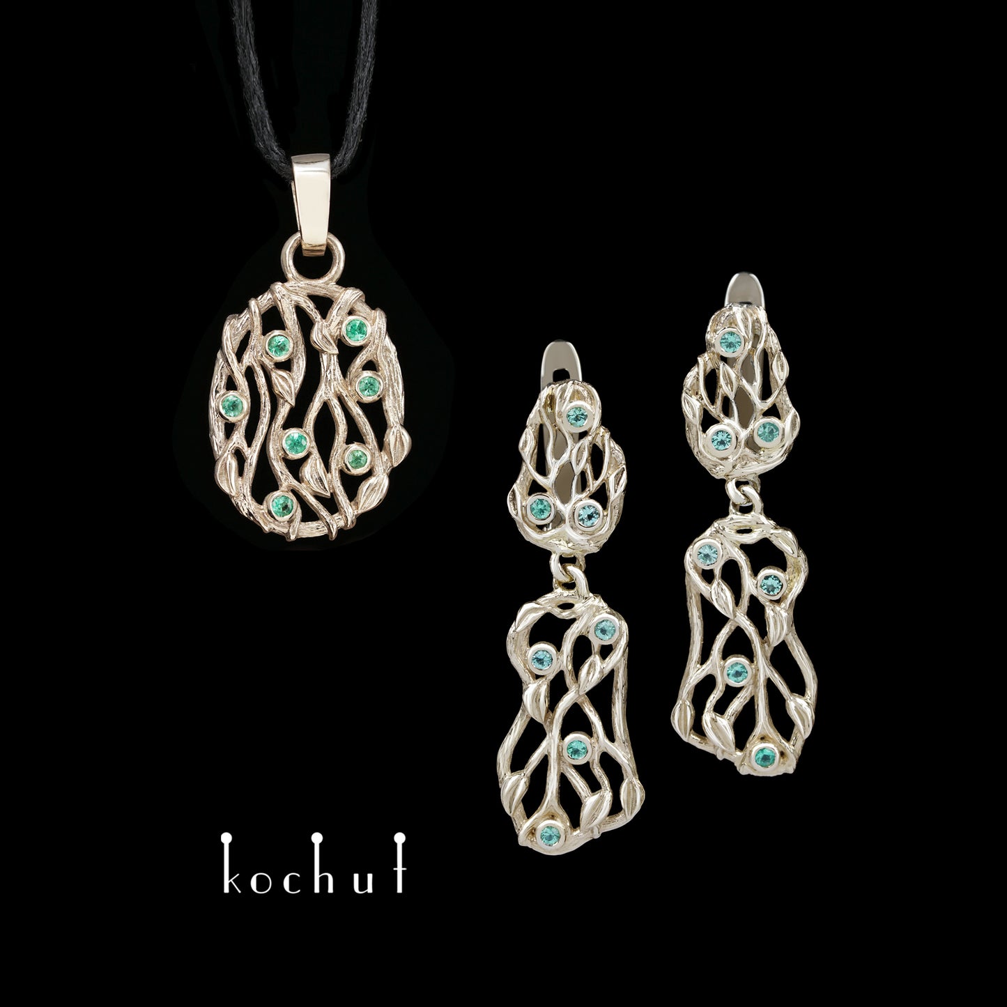 Waldschleier — Schmuckset aus Weißgold mit Smaragden