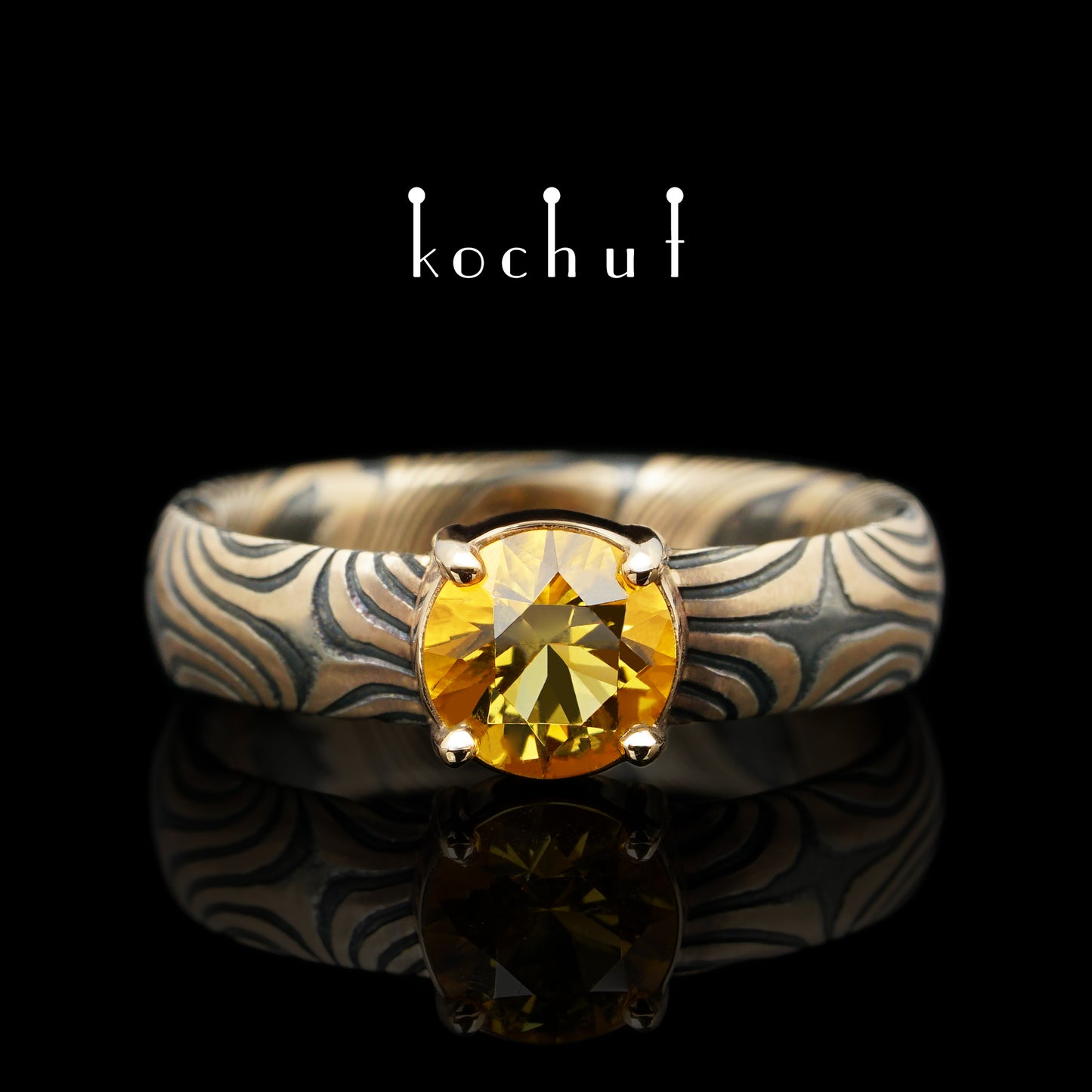 Orion — Mokume-Ring aus Rotgold, graviertem und oxidiertem Silber mit Citrin