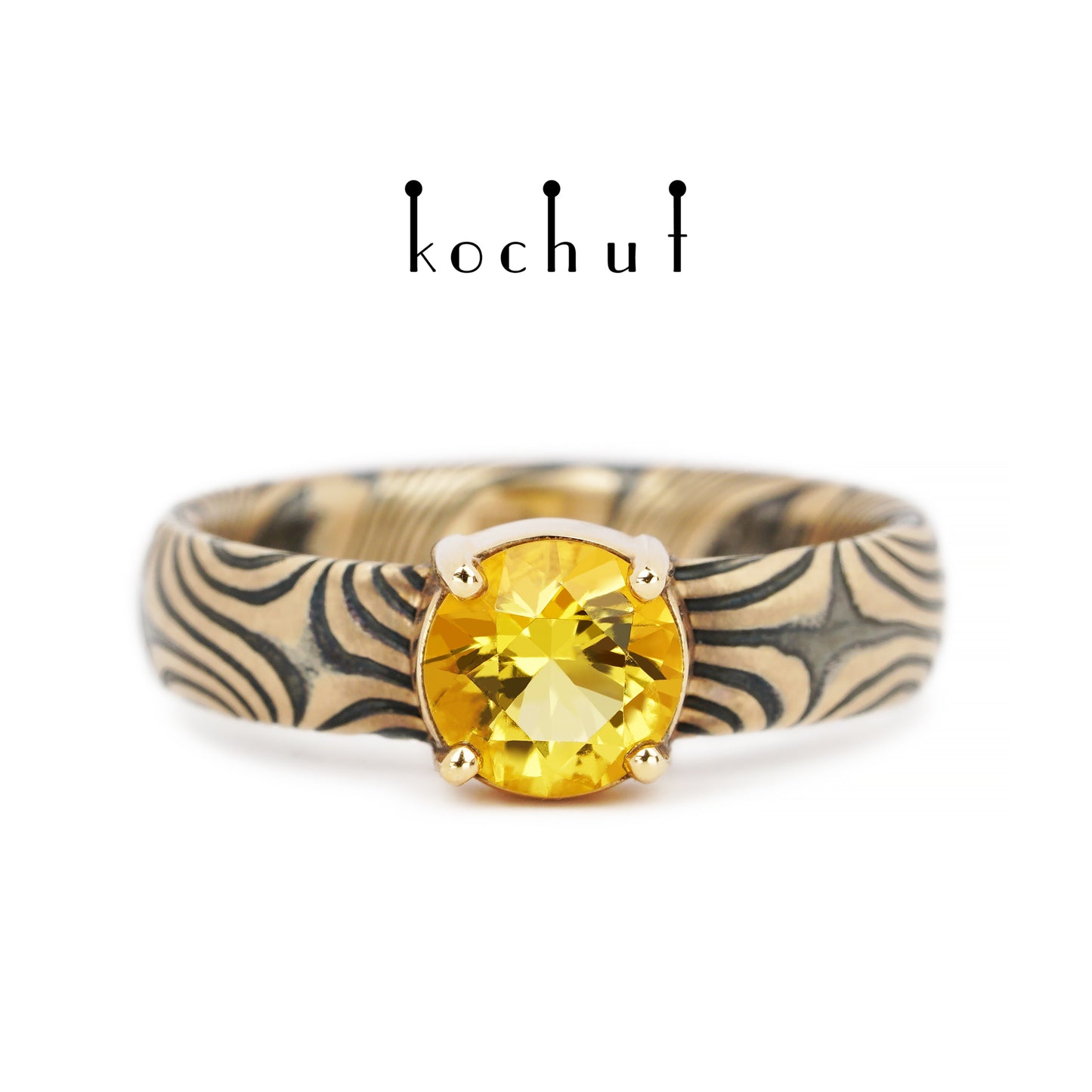 Orion — Mokume-Ring aus Rotgold, graviertem und oxidiertem Silber mit Citrin