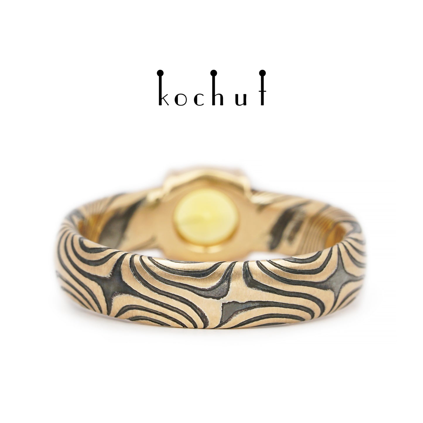 Orion — Mokume-Ring aus Rotgold, graviertem und oxidiertem Silber mit Citrin