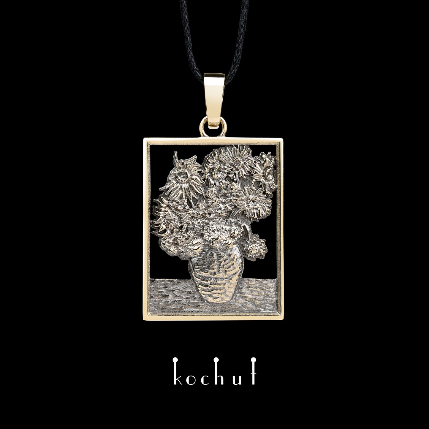 Sonnenblumen Van Gogh — Anhänger aus Gelbgold, beschichtet mit schwarzem Rhodium
