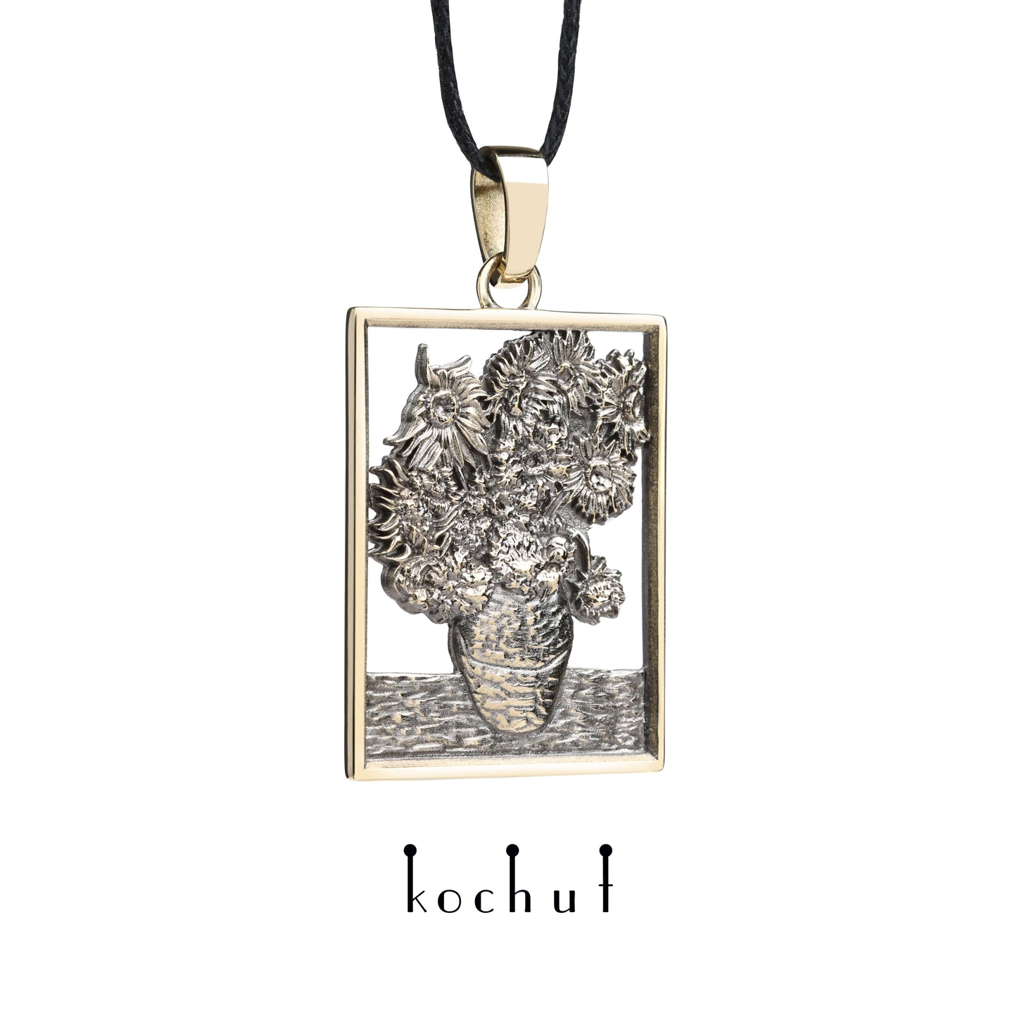 Sonnenblumen Van Gogh — Anhänger aus Gelbgold, beschichtet mit schwarzem Rhodium