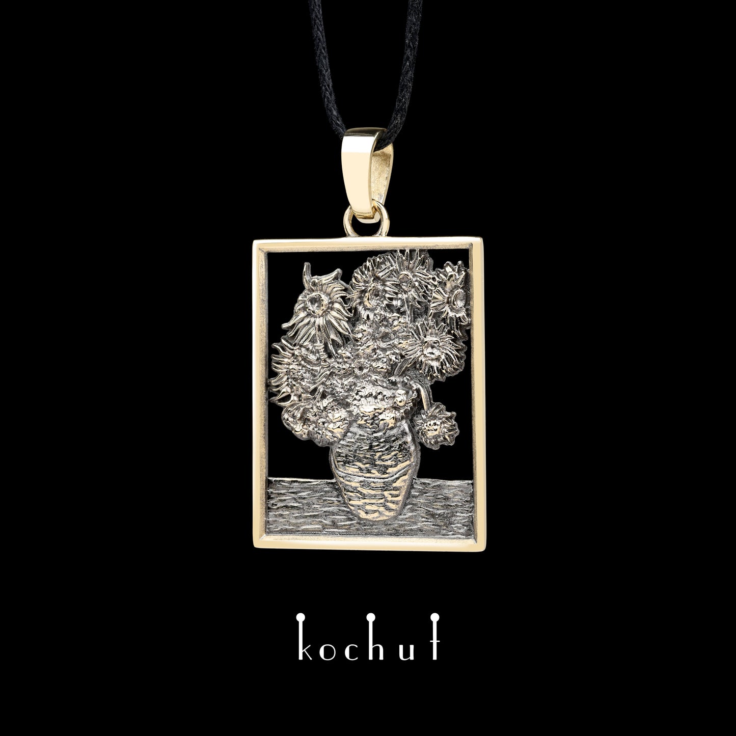 Sonnenblumen Van Gogh — Anhänger aus Gelbgold, beschichtet mit schwarzem Rhodium