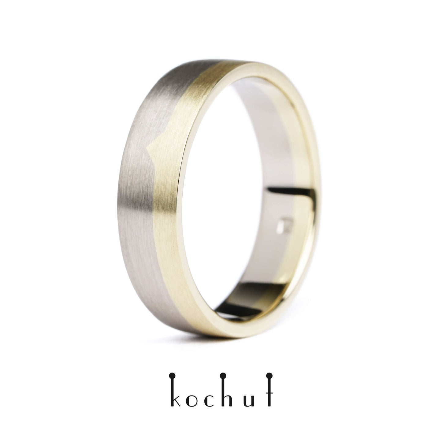 Die letzte Grenze – flach geformter Ehering aus Gelbgold und Palladiumgold