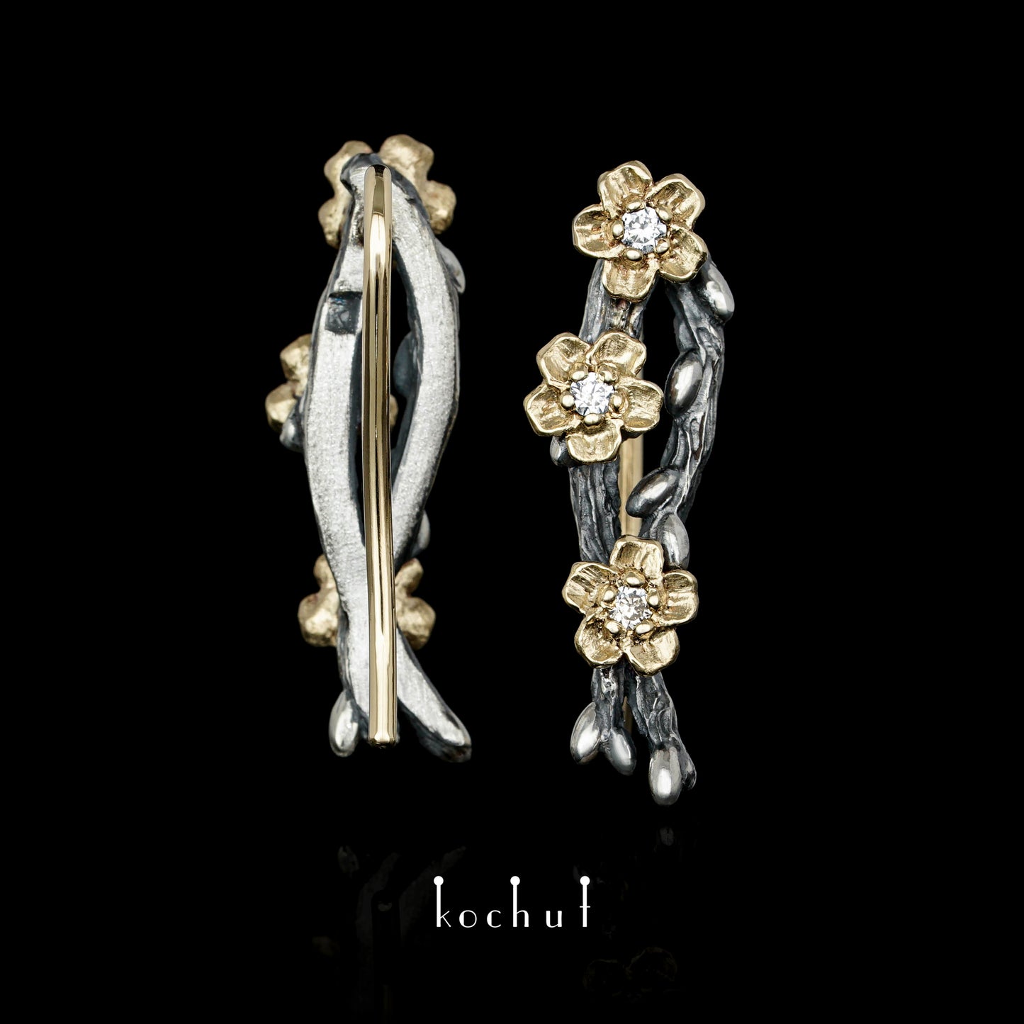 Weidenzweige mit Blumen — Ohrringe aus oxidiertem Silber und Gelbgold mit Diamanten