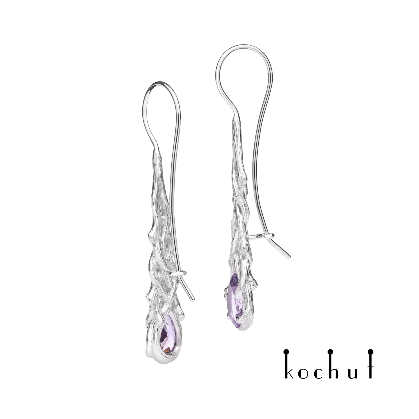 Galadriel — Ohrringe aus Weißgold mit Amethysten, überzogen mit weißem Rhodium