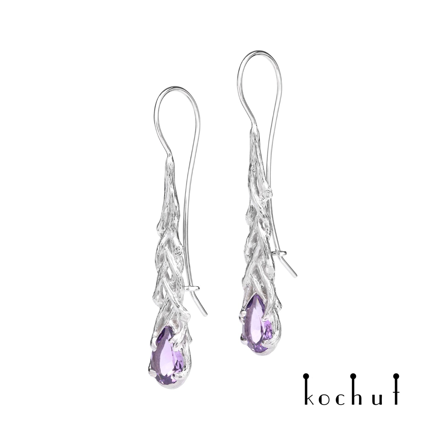 Galadriel — Ohrringe aus Weißgold mit Amethysten, überzogen mit weißem Rhodium