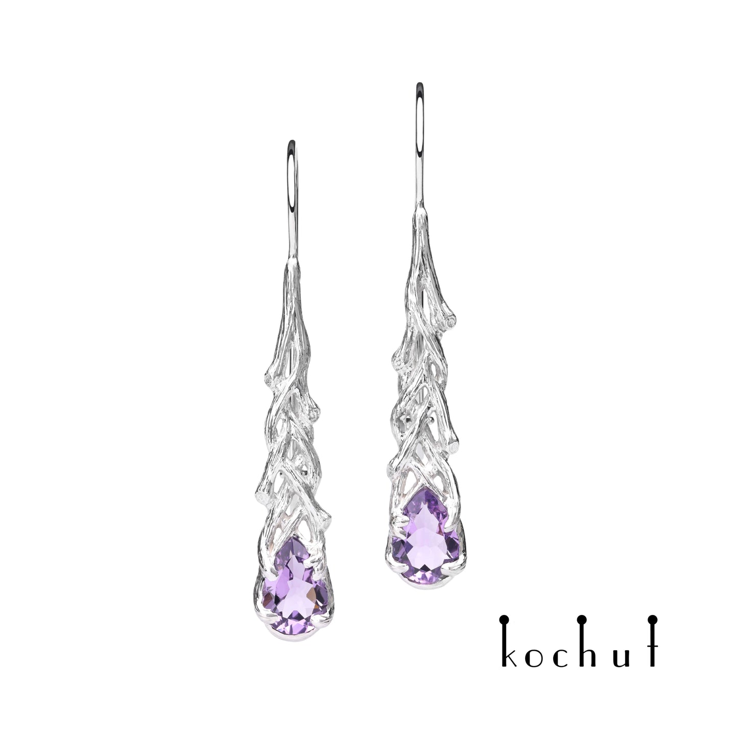 Galadriel — Ohrringe aus Weißgold mit Amethysten, überzogen mit weißem Rhodium