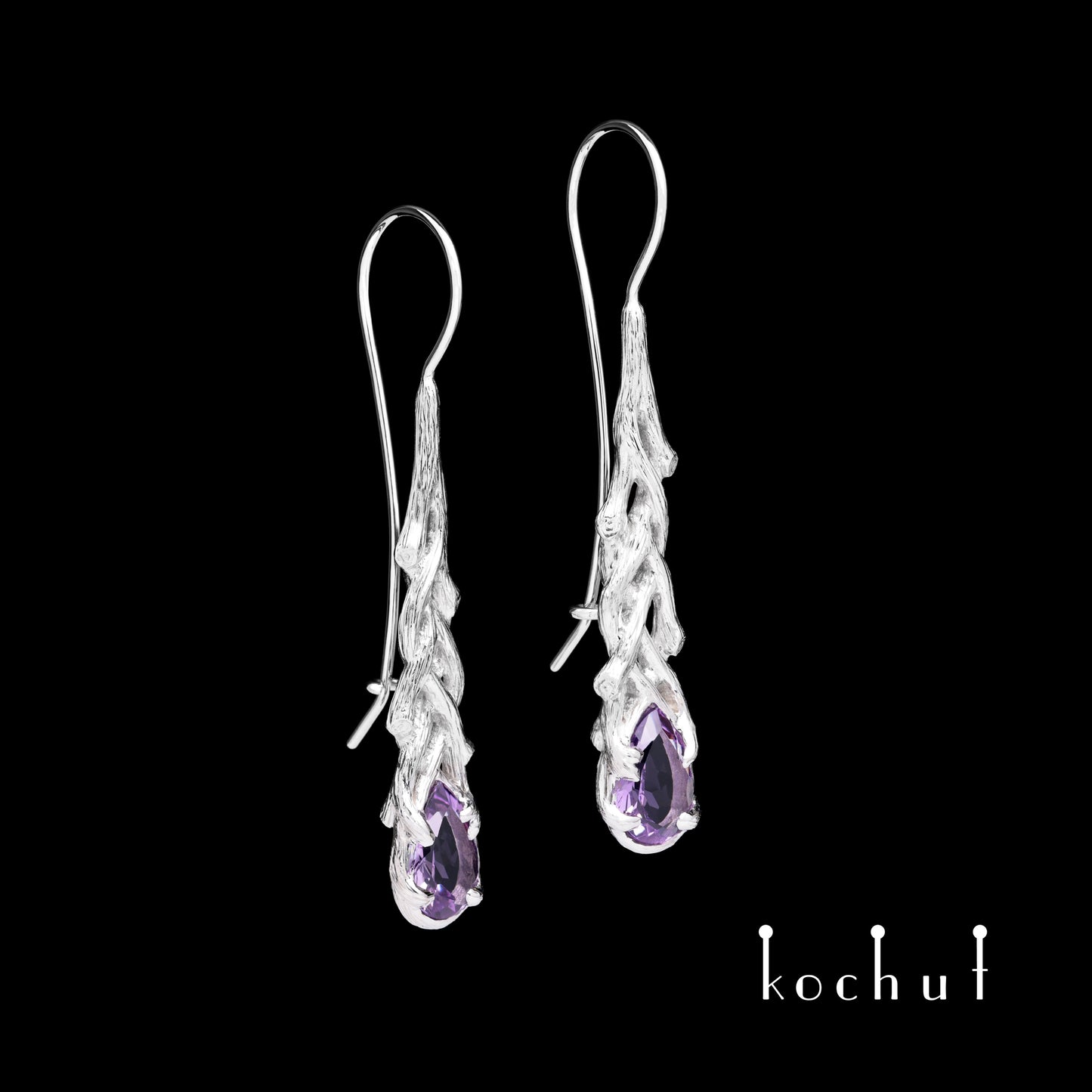 Galadriel — Ohrringe aus Weißgold mit Amethysten, überzogen mit weißem Rhodium