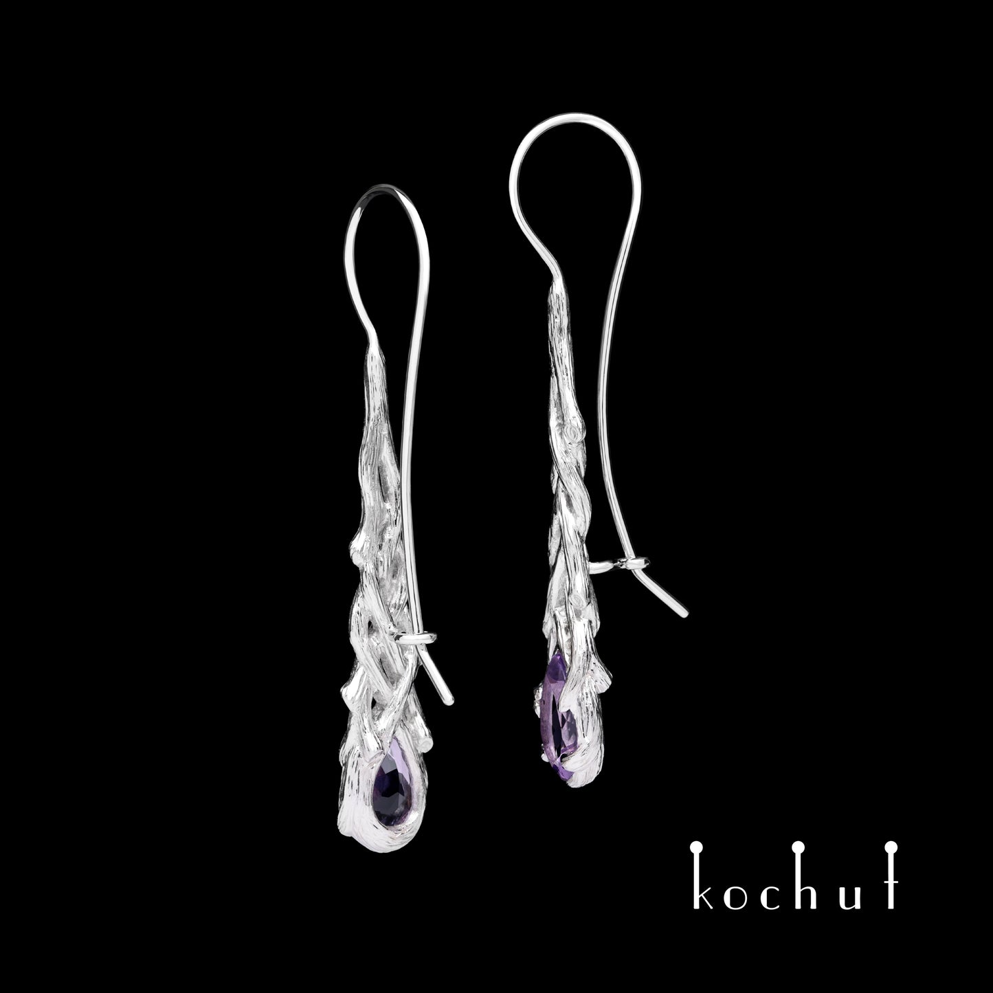 Galadriel — Ohrringe aus Weißgold mit Amethysten, überzogen mit weißem Rhodium
