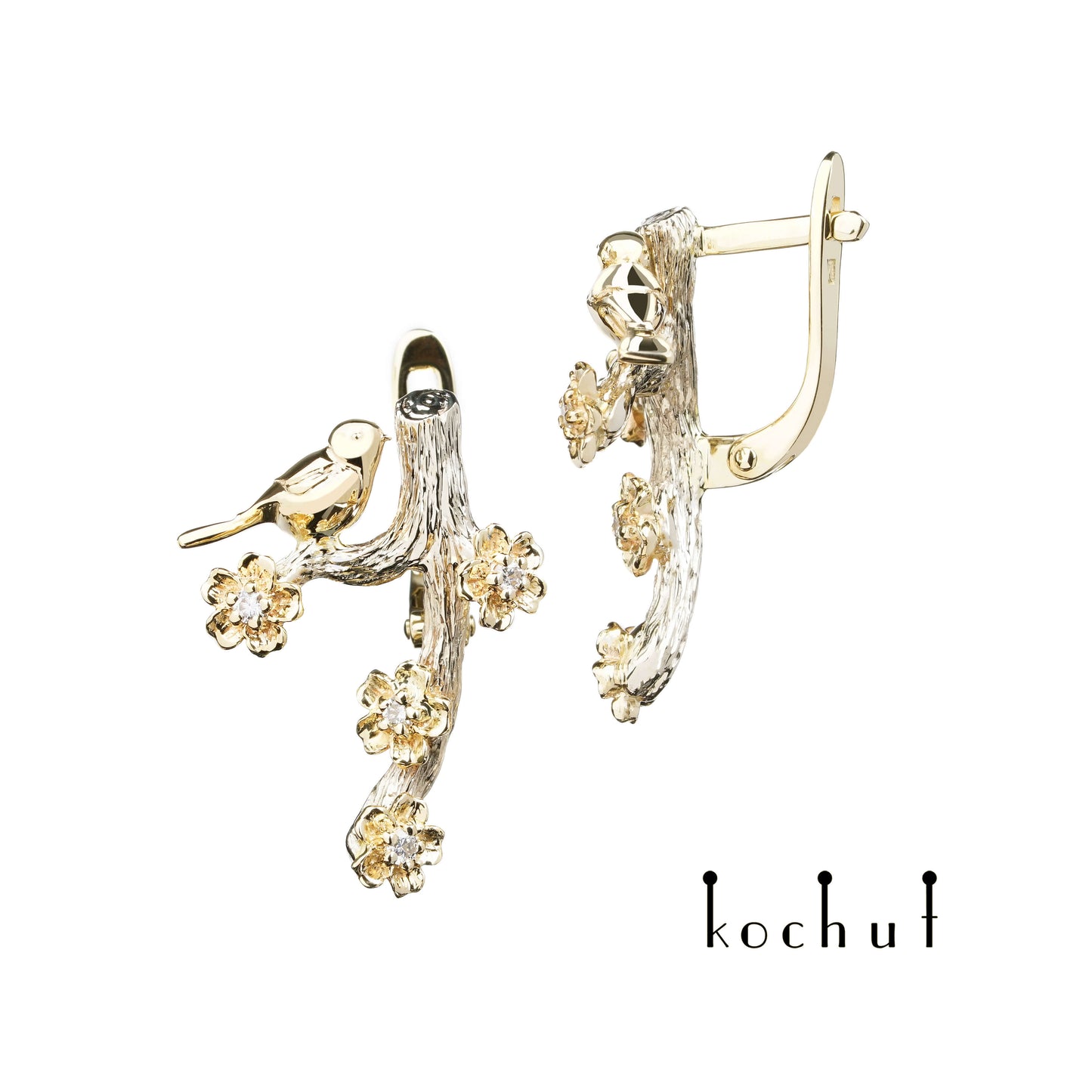 Vögelchen auf dem Zweig — Ohrringe aus Weiß- und Gelbgold mit Diamanten