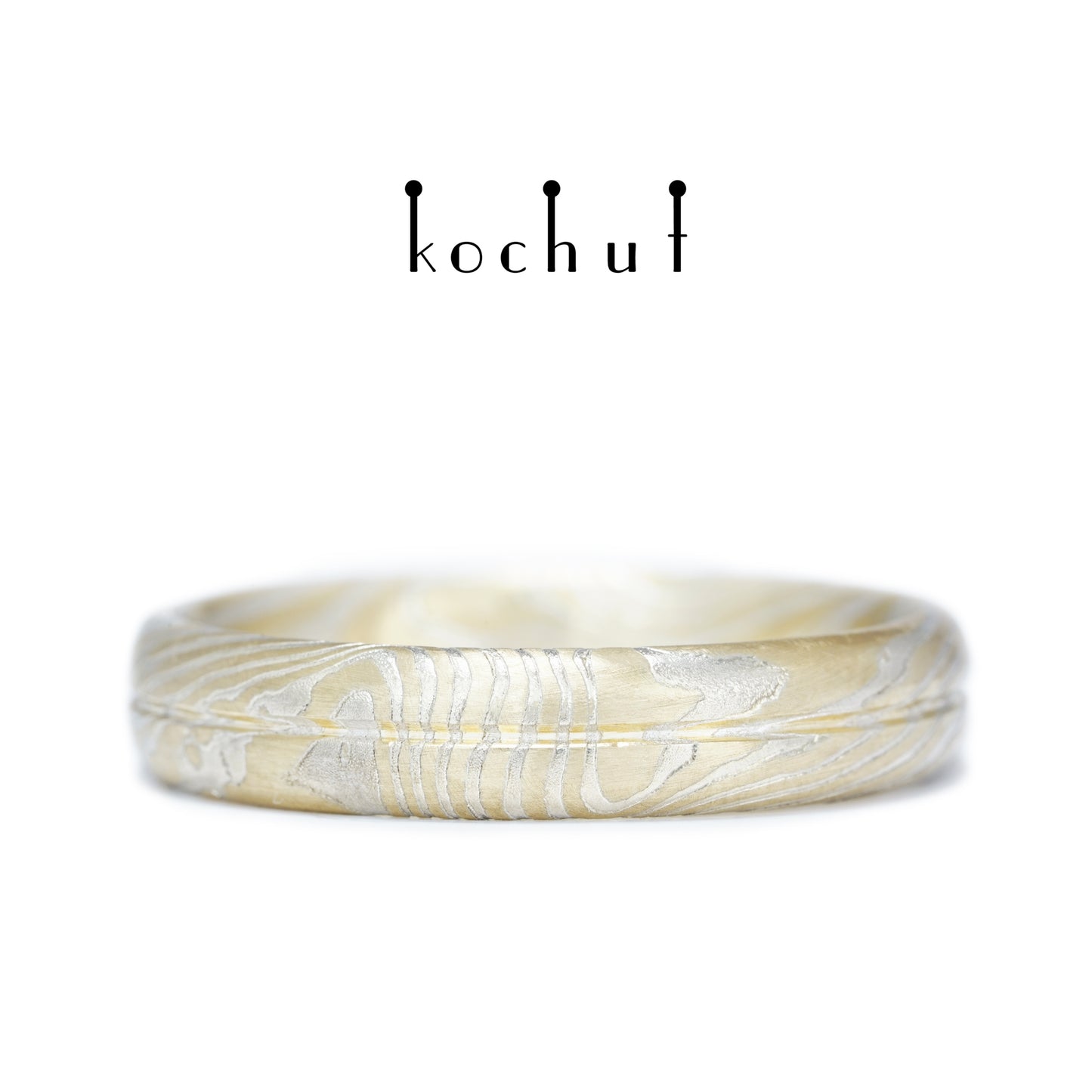 Die Achse der Liebe — nahtlose Mokume-Ehering aus Gelbgold und graviertem Silber