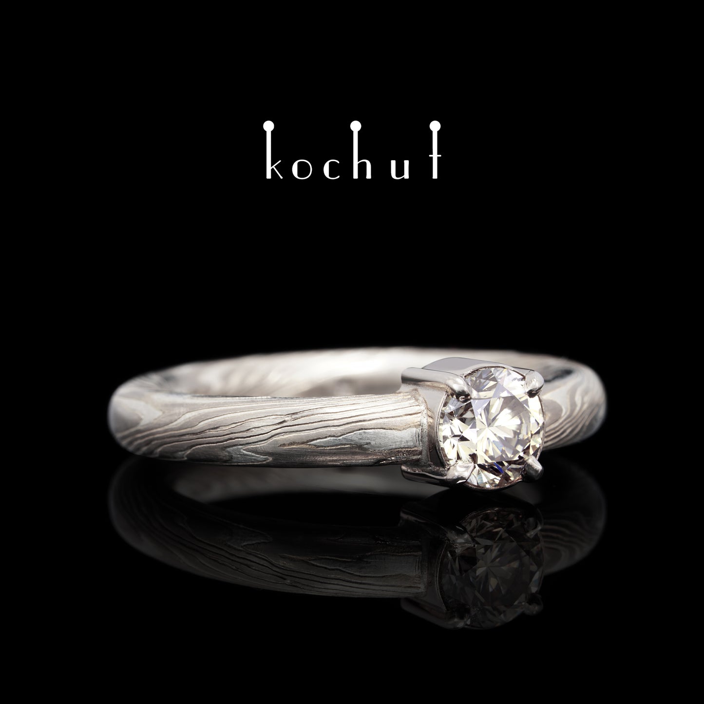 Haiku — Mokume-Ring aus Palladium-Gold und graviertem Silber mit Diamant