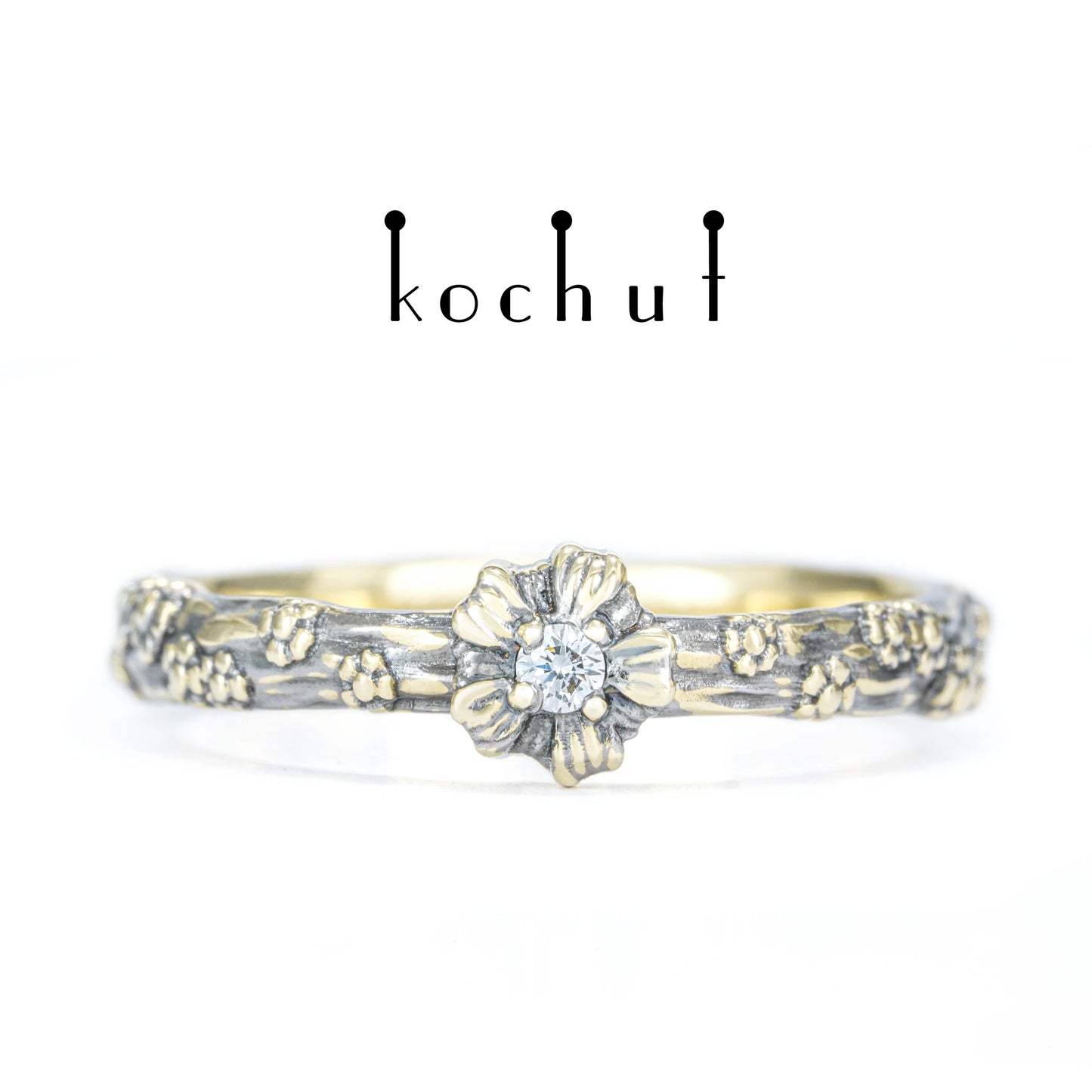 Vergissmeinnicht — Ring aus Gelbgold mit Diamant, beschichtet mit schwarzem Rhodium