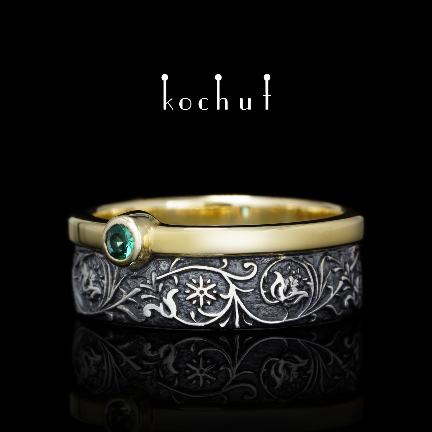 Harmonie der Natur — Ring aus Gelbgold und Silber mit Smaragd, überzogen mit schwarzem Rhodium