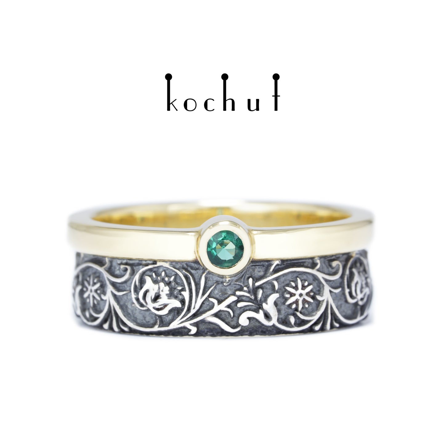 Harmonie der Natur — Ring aus Gelbgold und Silber mit Smaragd, überzogen mit schwarzem Rhodium