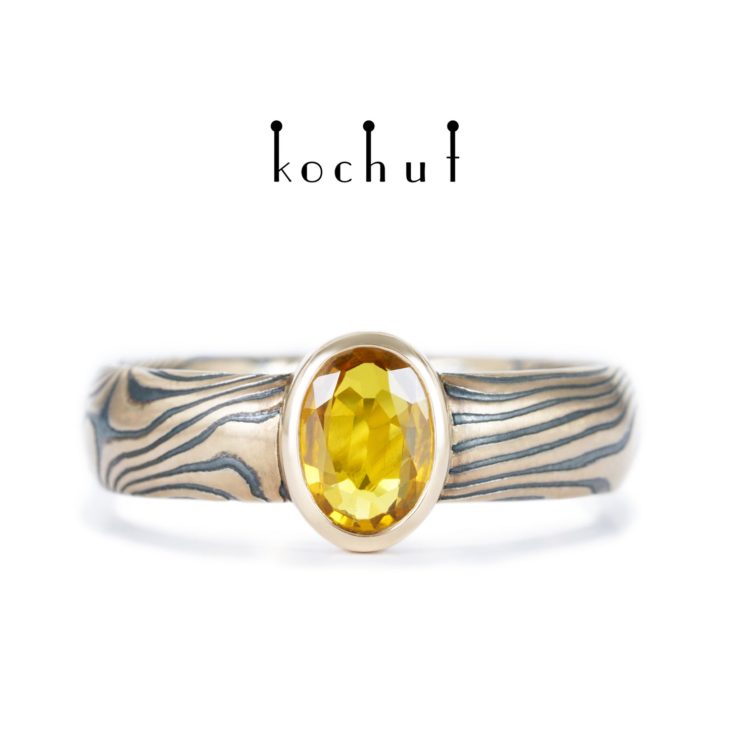 Sophora-Nektar — Mokume-Ring aus Rotgold mit graviertem und oxidiertem Silber sowie gelbem Saphir