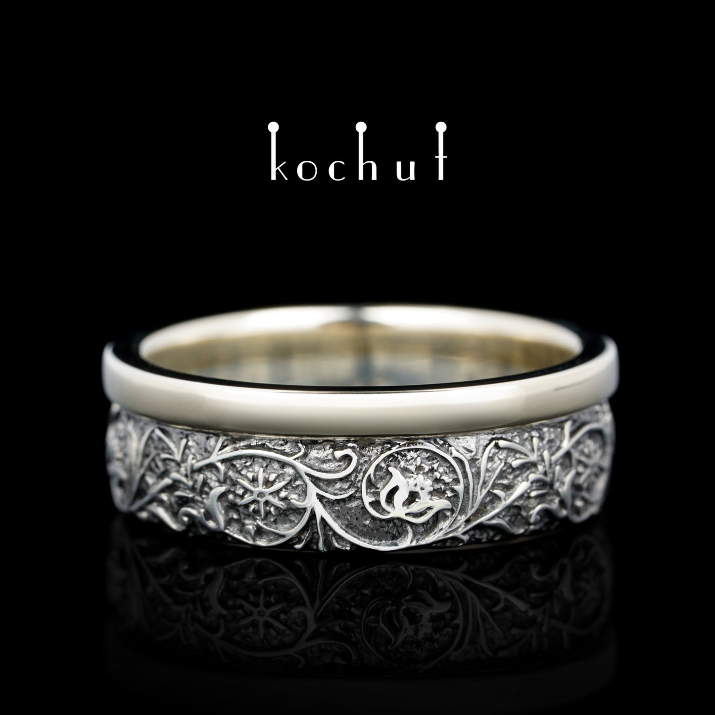 Harmonie der Natur — Ehering aus Weißgold und Silber, überzogen mit schwarzem Rhodium
