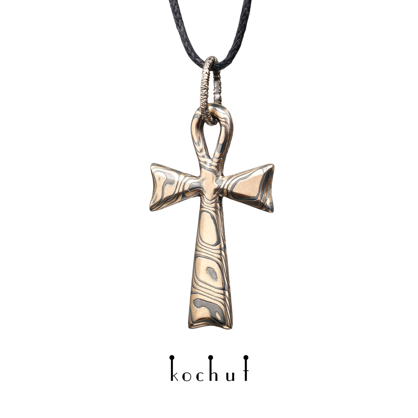 Nur eins — Mokume-Kreuz aus Rotgold und graviertem sowie oxidiertem Silber, überzogen mit schwarzem Rhodium