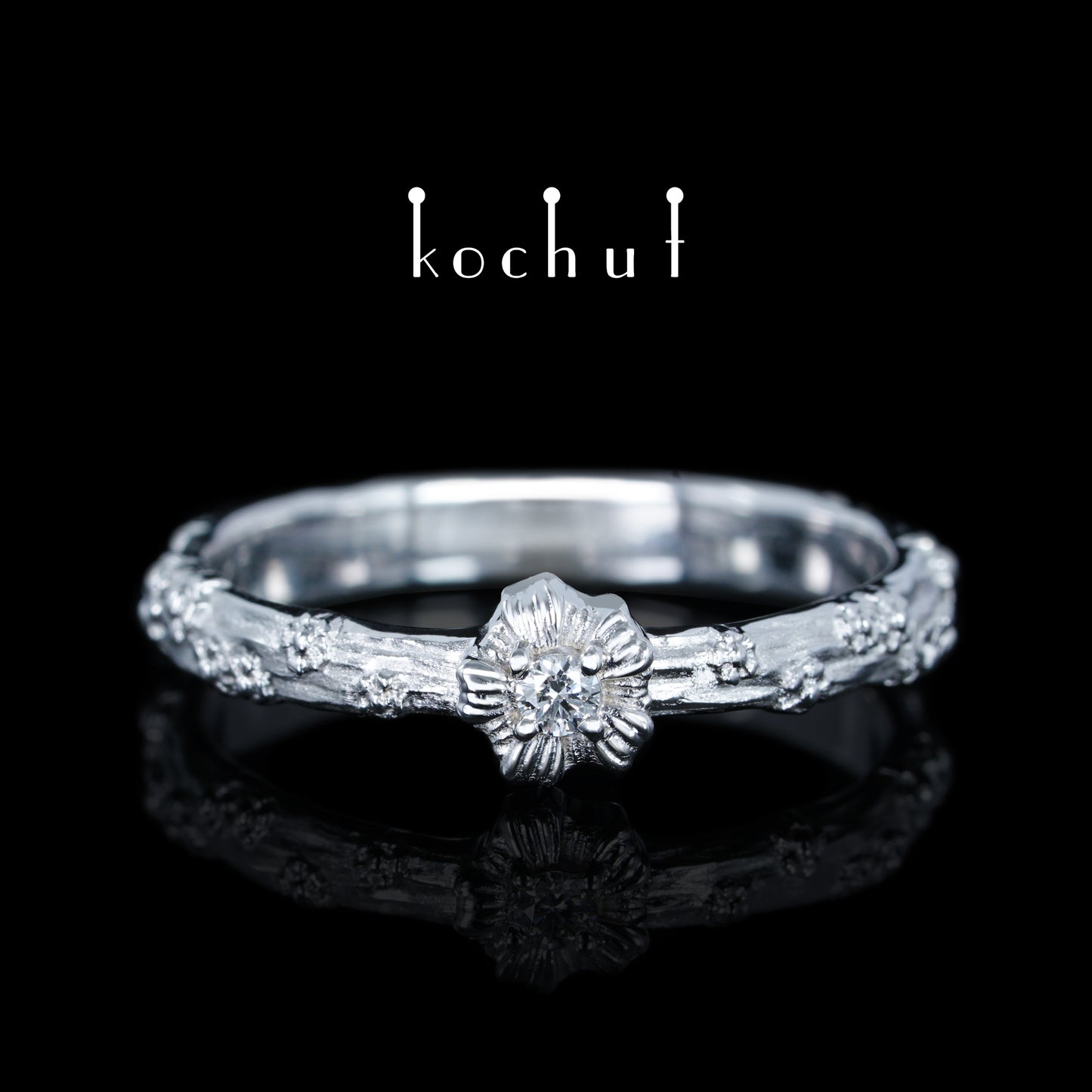 Vergissmeinnicht — Ring aus Weißgold mit Diamant, beschichtet mit weißem Rhodium