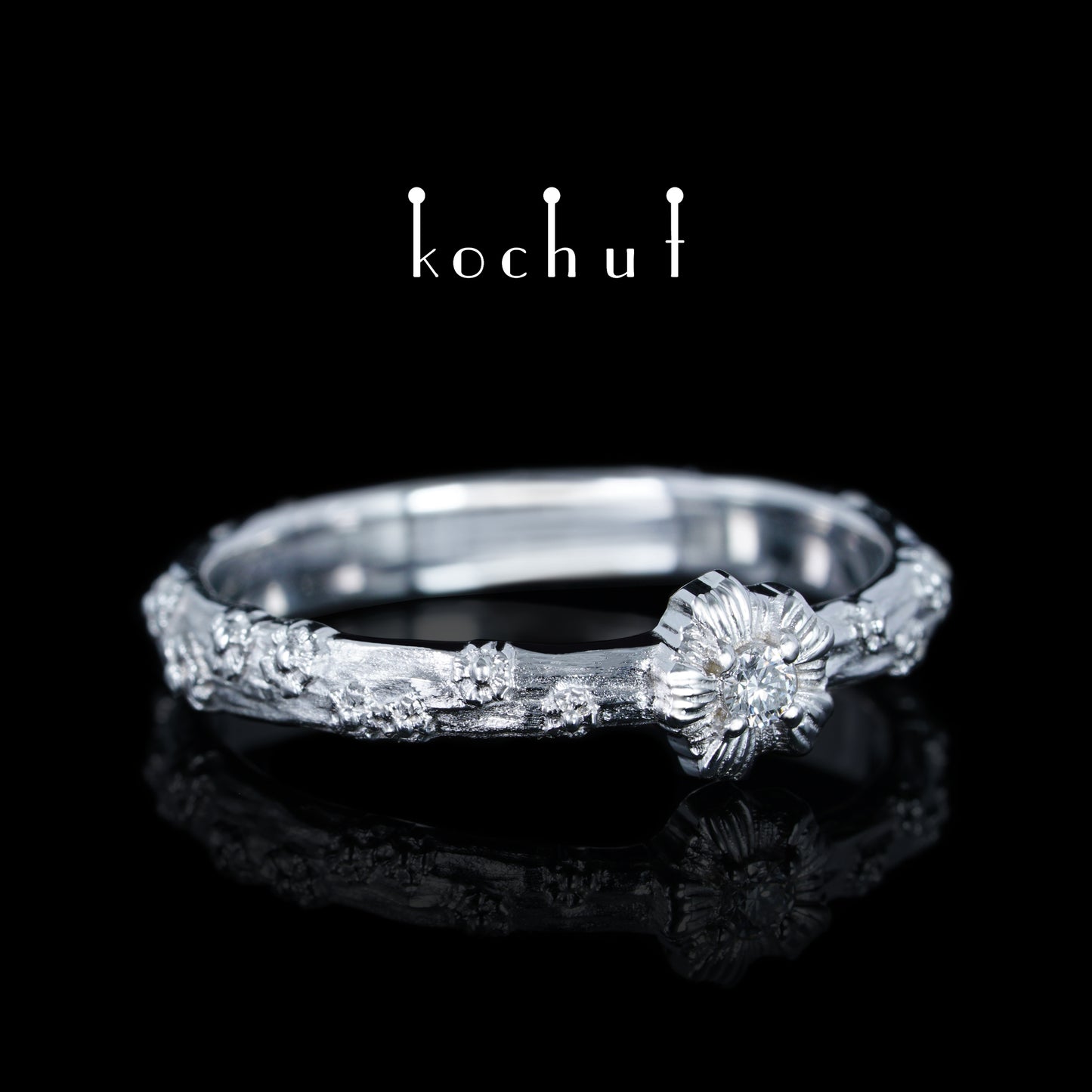 Vergissmeinnicht — Ring aus Weißgold mit Diamant, beschichtet mit weißem Rhodium