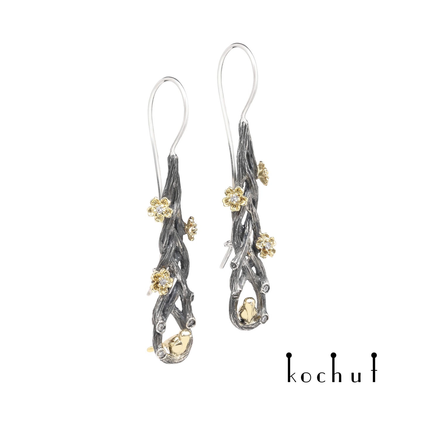 Rivendell — Ohrringe aus oxidiertem Silber und Gelbgold mit Diamanten