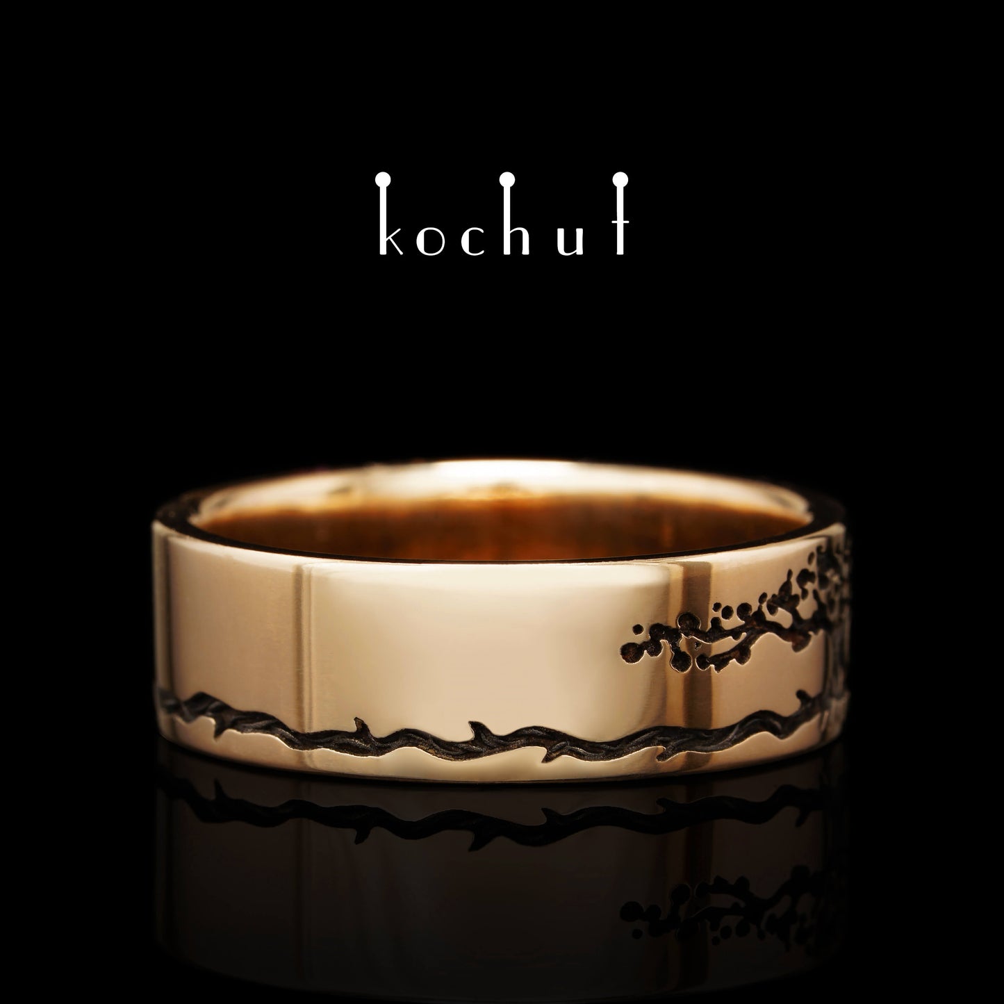 Baum des Lebens: Stiele — glänzender Ehering aus Rotgold mit schwarzem Rhodium überzogen