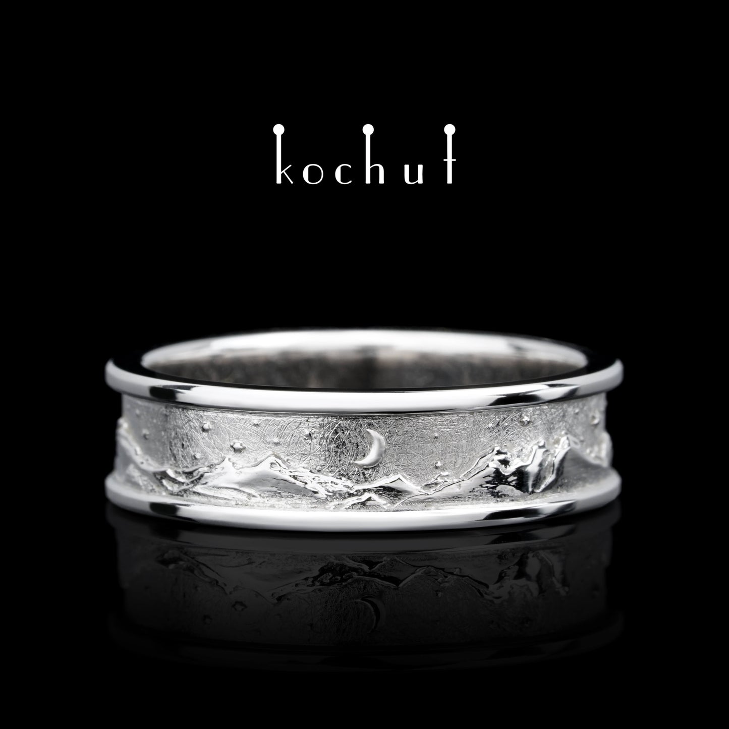 Höhepunkte der Liebe: Sonne und Mond — Ehering aus Weißgold, überzogen mit weißem Rhodium