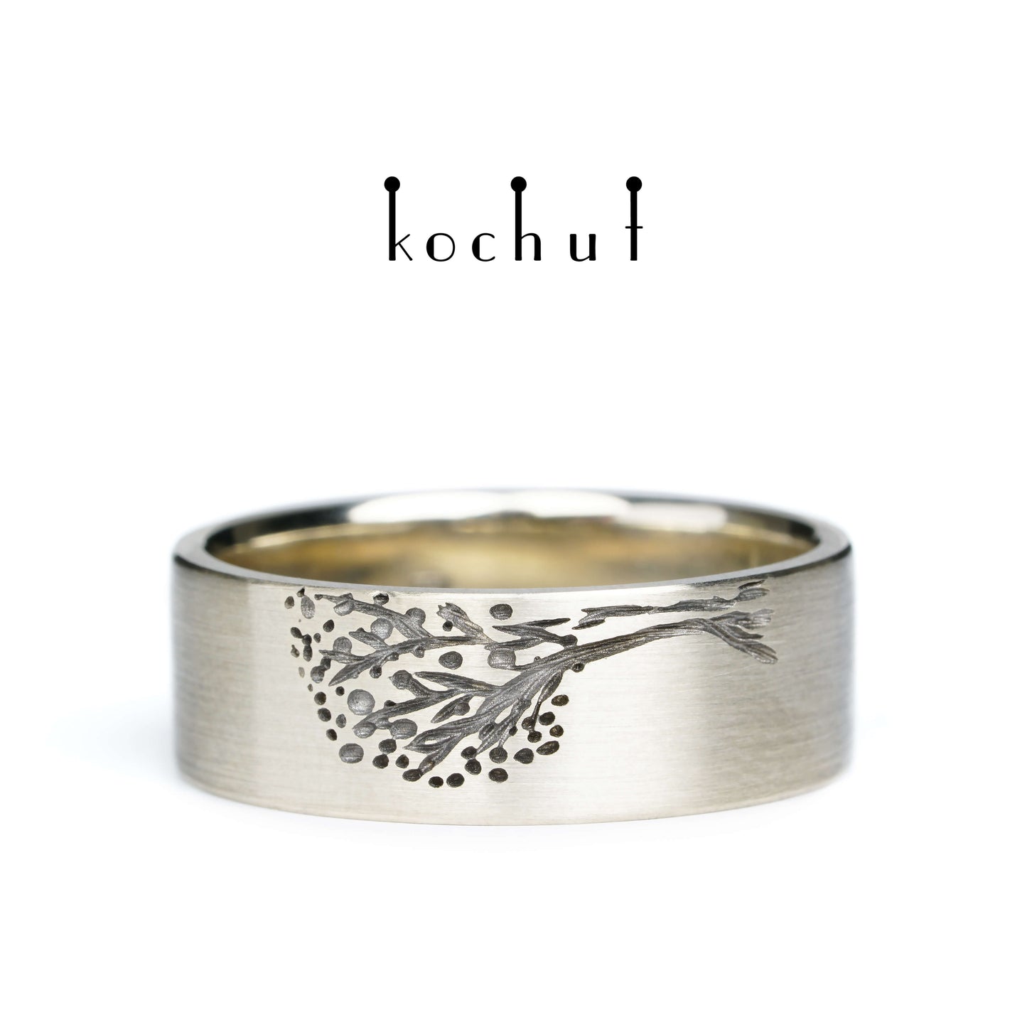 Lebensbaum: Halbe — Ehering aus Weißgold, überzogen mit schwarzem Rhodium