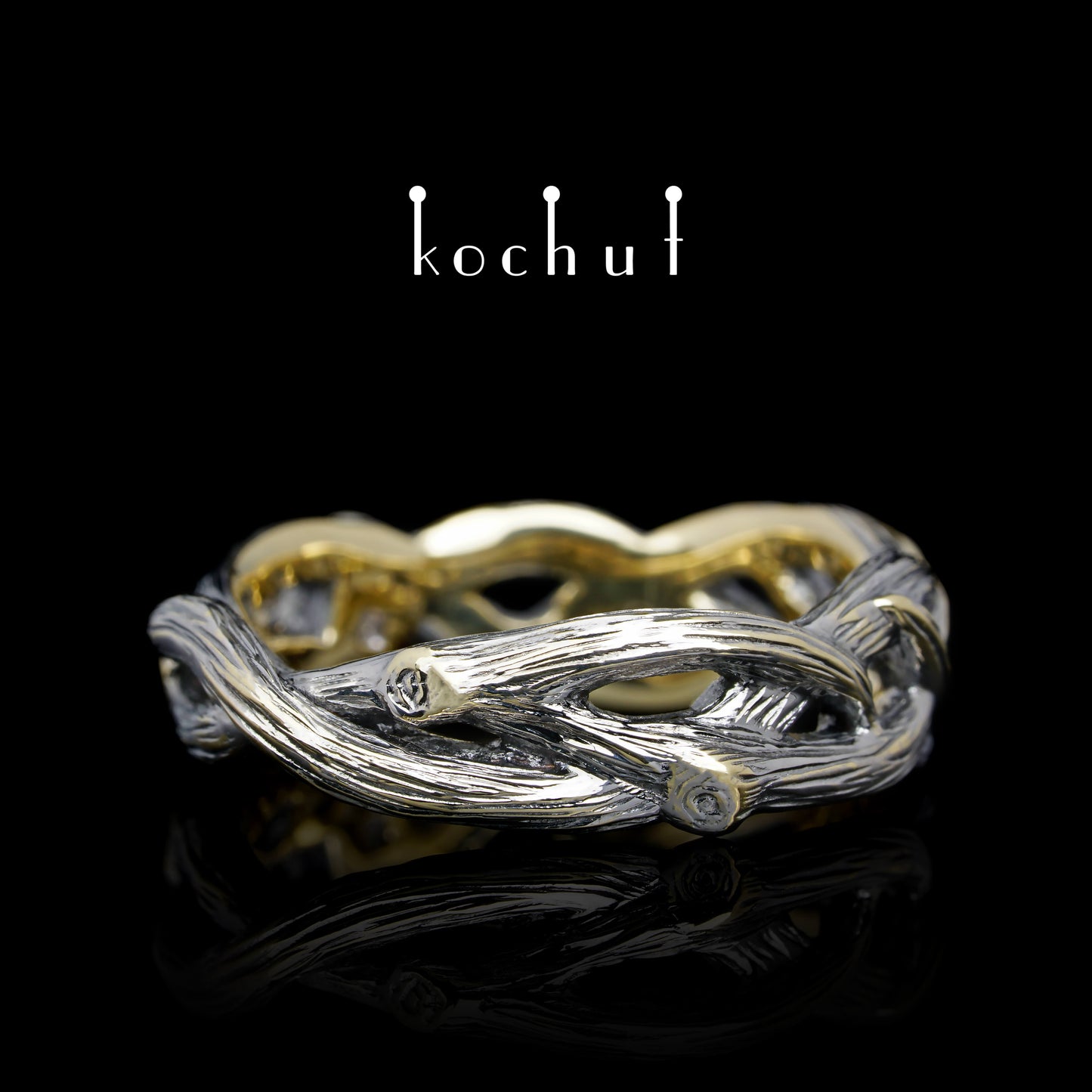 Mobius Forest Ribbon — Ehering aus Gelbgold, beschichtet mit schwarzem Rhodium