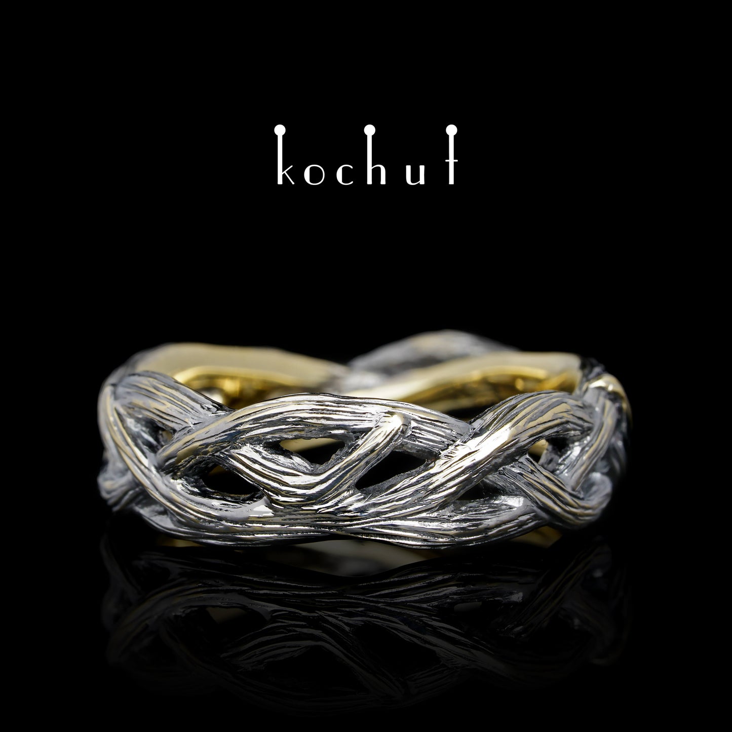 Mobius Forest Ribbon — Ehering aus Gelbgold, beschichtet mit schwarzem Rhodium