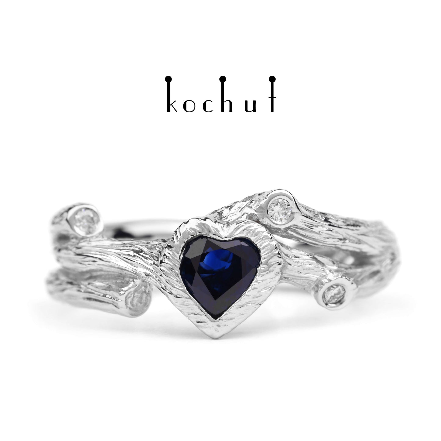 Herz des Waldes — Ring aus Weißgold mit Saphir und Diamanten, überzogen mit weißem Rhodium