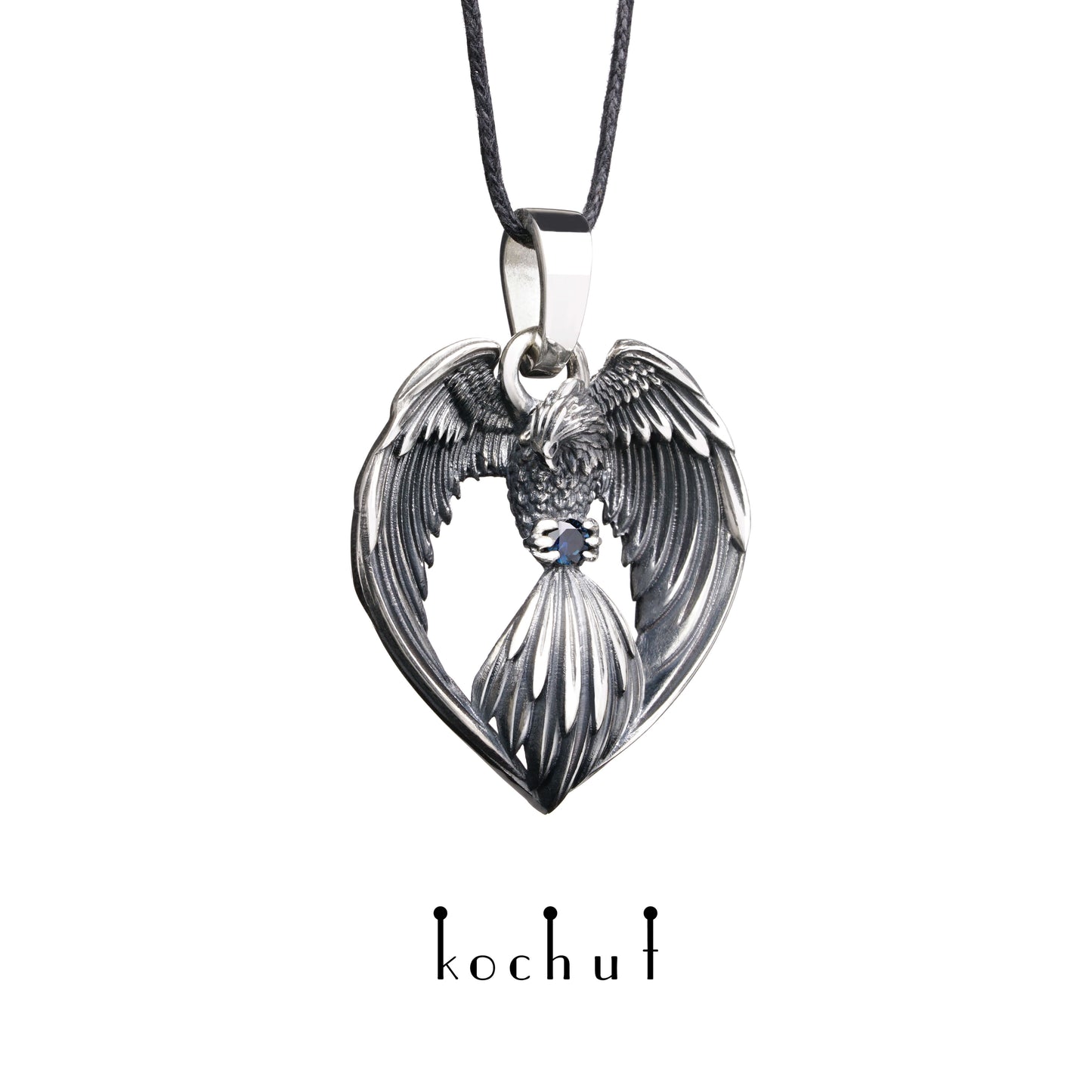 Phoenix — Anhänger aus oxidiertem Silber mit Saphir