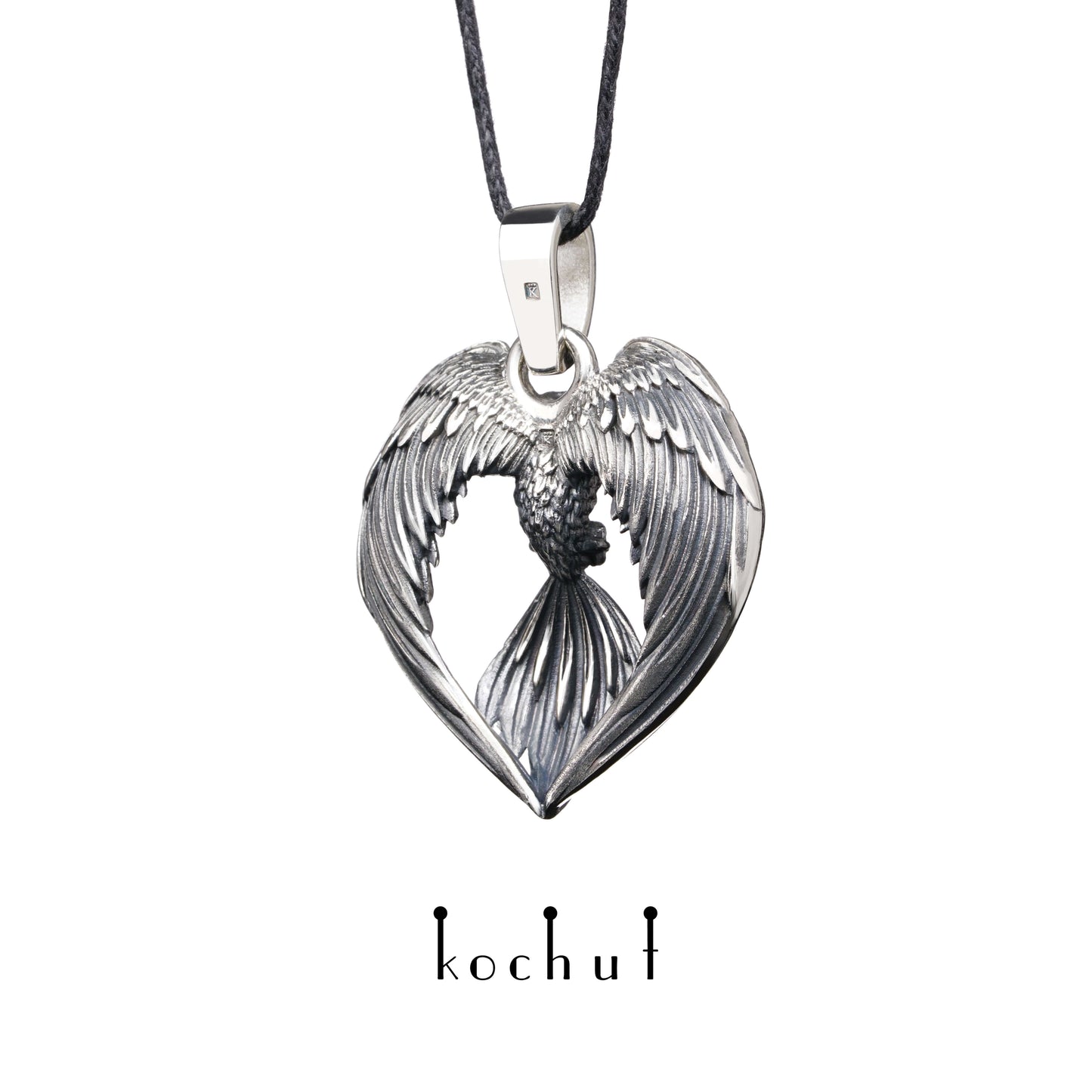 Phoenix — Anhänger aus oxidiertem Silber mit Saphir
