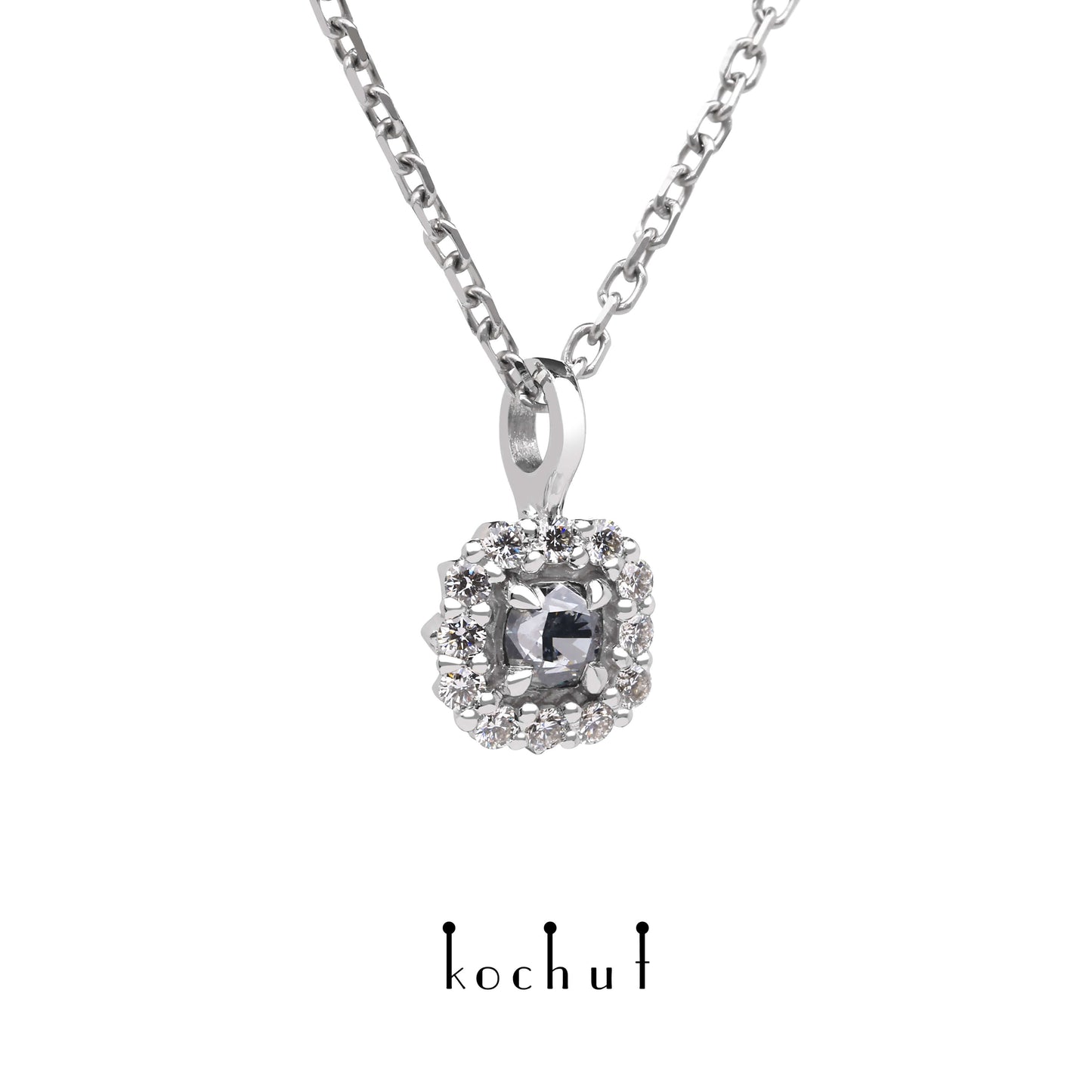 Zeitlos — Anhänger aus Weißgold mit einem blauen Diamanten und einer Streuung weißer Diamanten, beschichtet mit weißem Rhodium