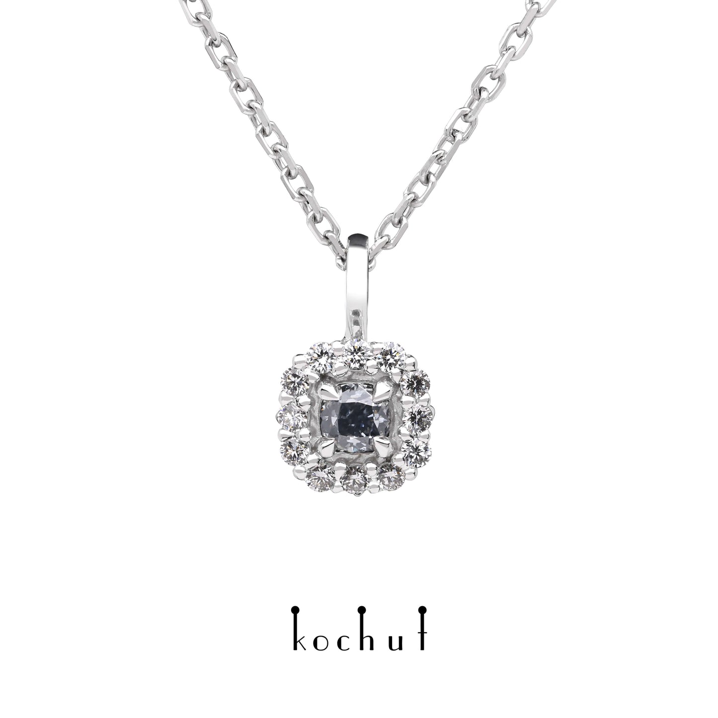Zeitlos — Anhänger aus Weißgold mit einem blauen Diamanten und einer Streuung weißer Diamanten, beschichtet mit weißem Rhodium