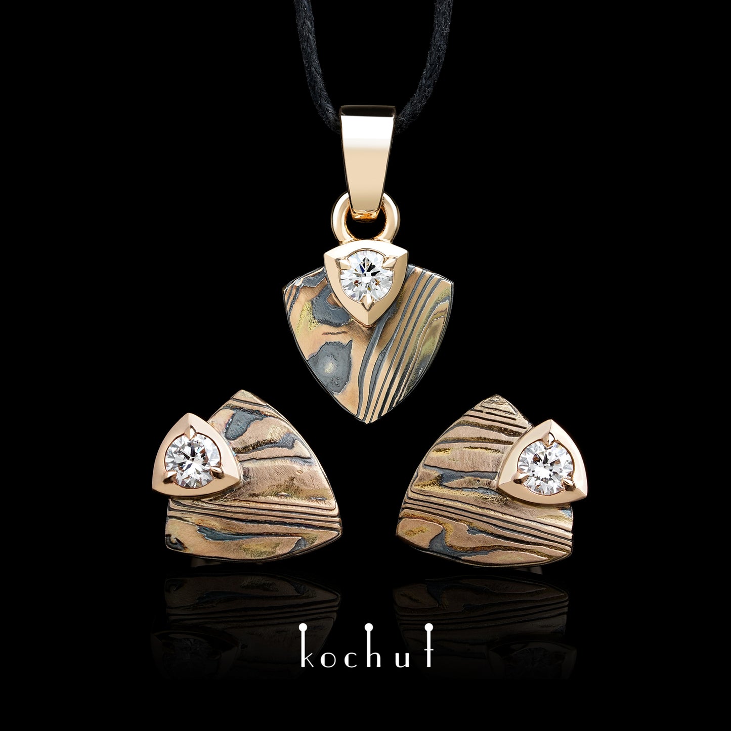 Seishi — Mokume-Schmuckset aus Rotgold, graviertem und oxidiertem Silber mit Diamanten