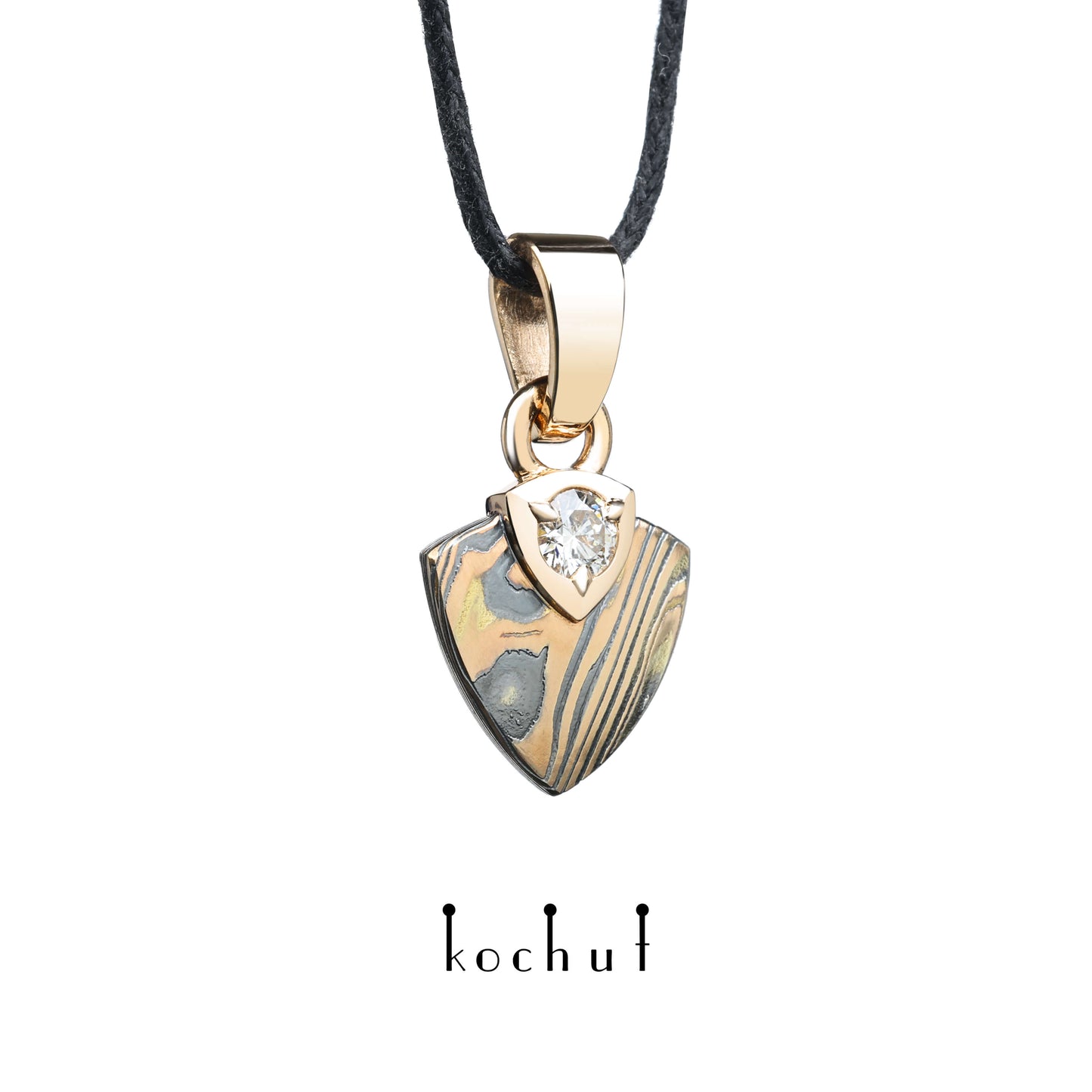 Seishi — Mokume-Anhänger aus Rotgold, oxidiertem und geätztem Silber mit Diamant