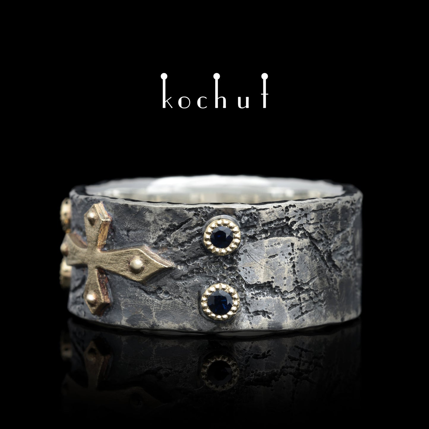 Fortune — Ring aus oxidiertem Silber und Gelbgold mit Saphiren